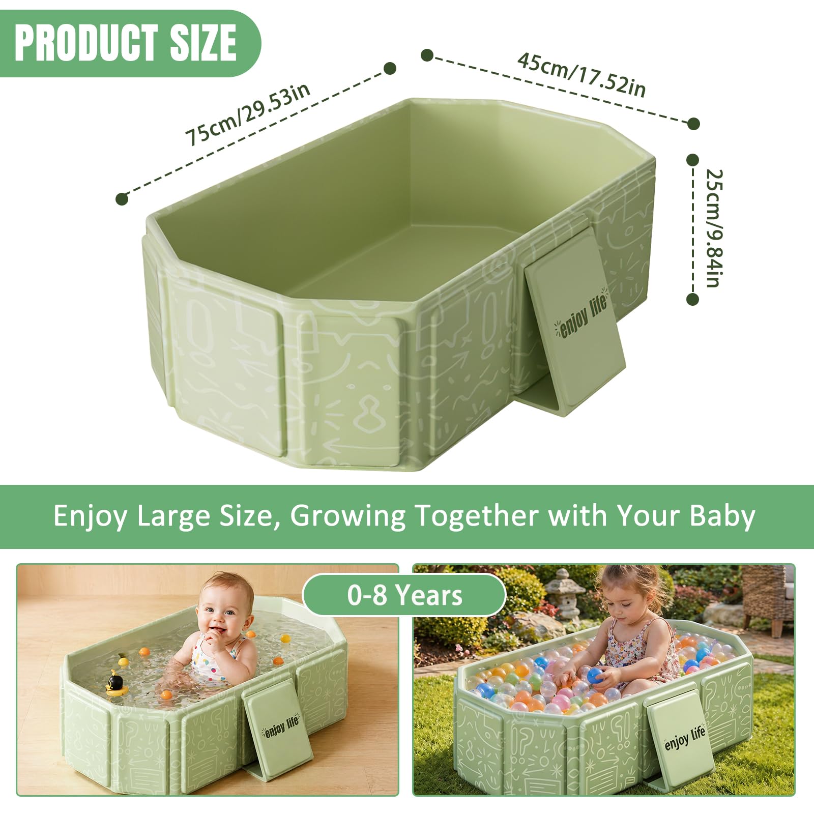 Bañera plegable para niños, portátil y grande para bebés, lavabo de ducha bañero para 0-8 años, integrado con tapón de drenaje (Verde)