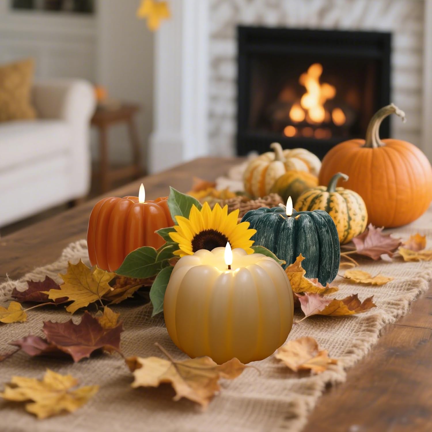 Fall Flameless Candles with Remote, Real Wax Pumpkin Shaped Candle, Flickering Ivory Battery Operated Candle for Autumn, Harvest, Thanksgiving, Halloween Home Party Decor Gift