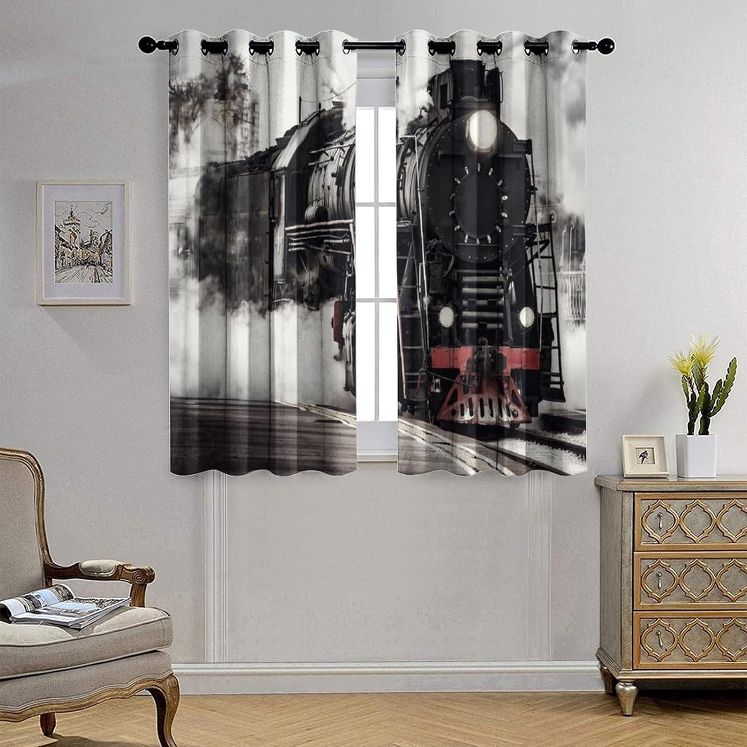 Retro Train Curtains - Rustic Vintage Railway Native American Western Theme Steam Train Window Curtain Room Darkening Blackout Curtains Thermal Insulated Grommet Curtains 2 Panels 63L x 31.5W