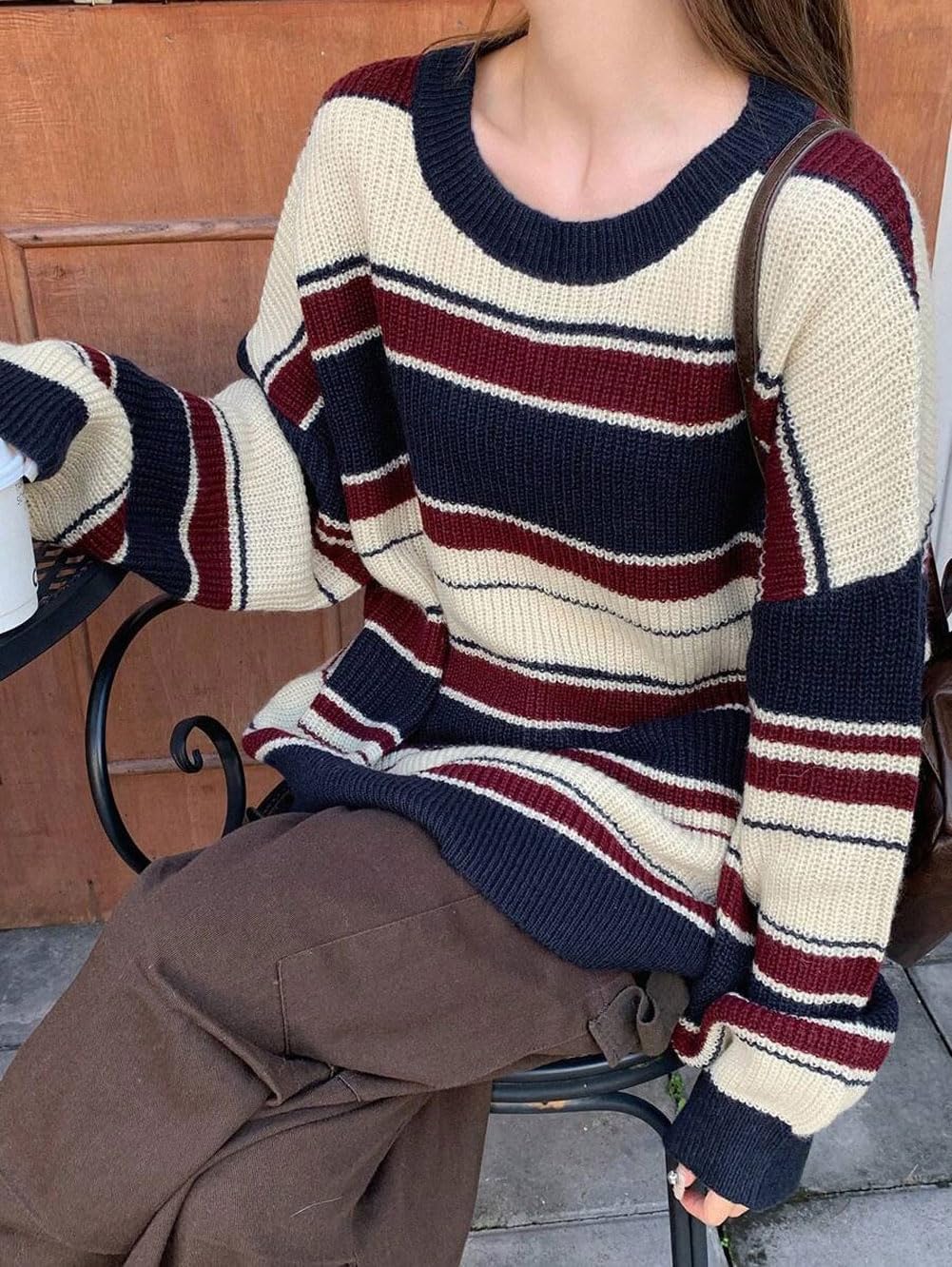 CHARTOU Women Color Block Sweater Preppy Style Chunky Knit Striped Pullover Sweater