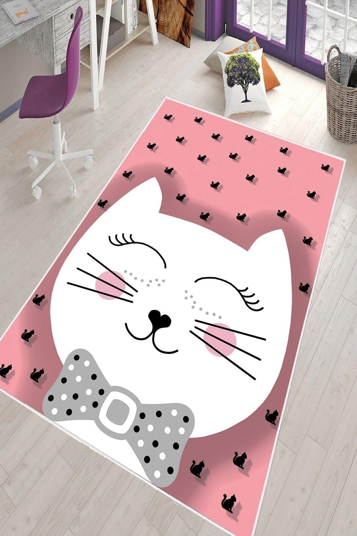 Pelangi Pembe Kedi Desenli Yıkanabilir Kaymaz Taban Leke Tutmazbebek Ve Çocuk Odası Halısı, Açık Pembe-Beyaz 160 x 300
