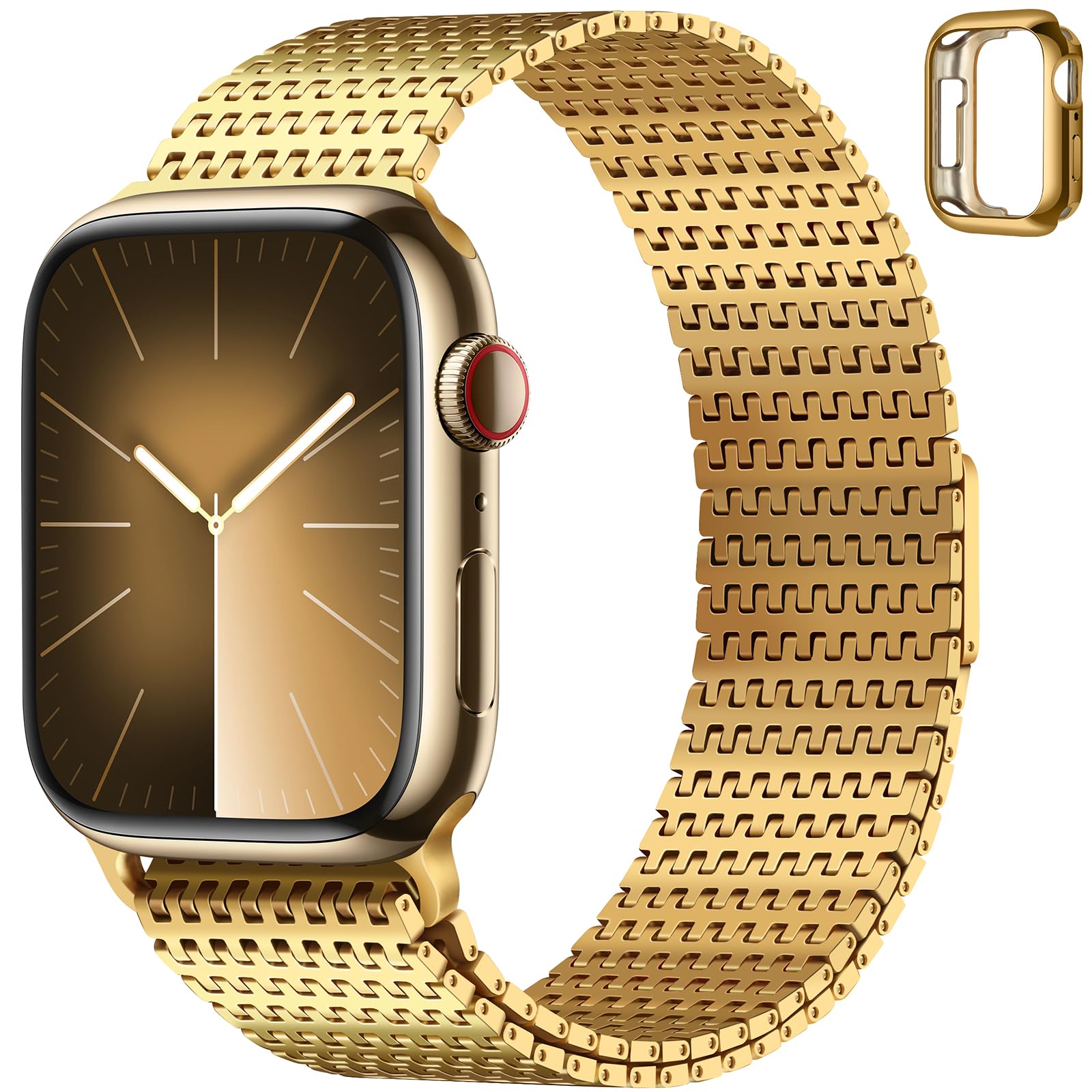 Anlinser Bands Compatible with Apple Watch Band 45mm 44mm 42mm for Women Men, Magnetic Metal Bands Stainless Steel Loop Strap with Case Designed for iWatch Series 9 8 7 6 5 4 3 SE, Gold