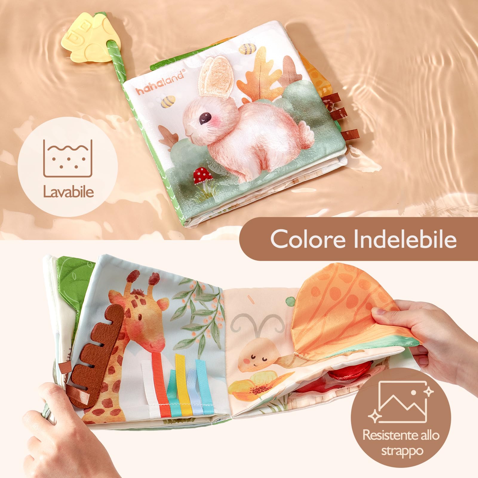 hahaland Libri di Stoffa Neonati 0-6 Mesi - Morbidi Animali Interattivi Libretto Tattile con Specchio - Giochi Sensoriali per Bimbo Bimba