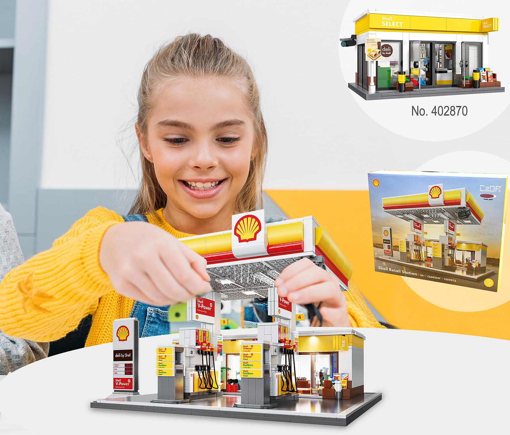 JAMARA 402857 CADA Shell Tankstelle mit Shop Bricks, für Kinder Technik Spielzeug ab 14 Jahre, Geschenkidee für Kids, Klemmbausteine Set, Fördert Feinmotorik, Türen manuell