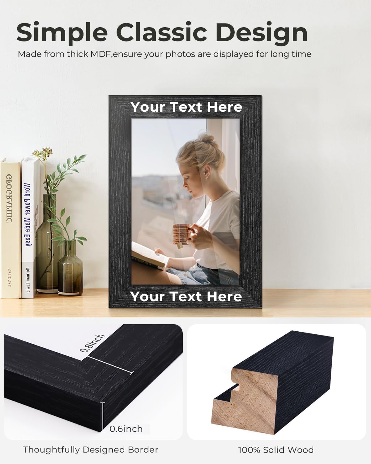 Wooden Picture Frame, Customized Photo Frame with Free Engraving, 4x6-Inch, Black