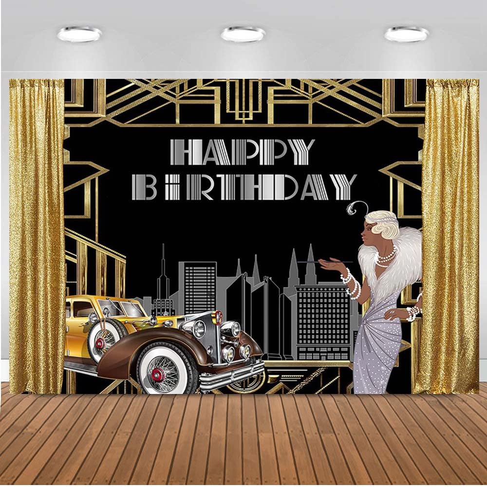 Great Woman Happy Birthday Photo Background Gatsby Themed Birthday Cake Table Backdrop Gold Curtain Retro Car Buildings Shoot (9x6FT/2.7x1.8m)