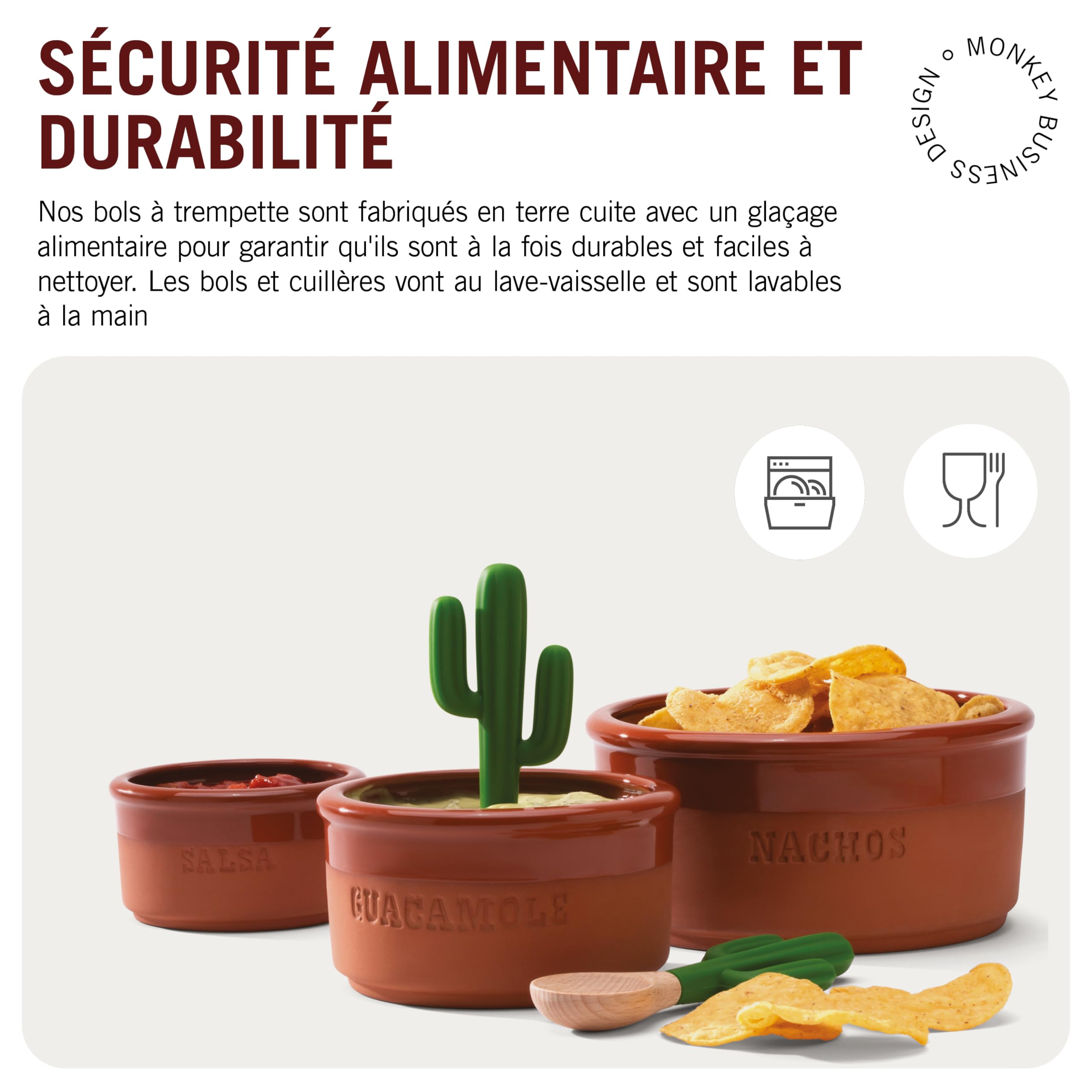 Monkey Business Bowlero : Kit de Bols en Terre Cuite pour Trempettes Mexicaines, Guacamole, Salsa et BBQ - 3 Bols à Soupe + 2 Cuillères