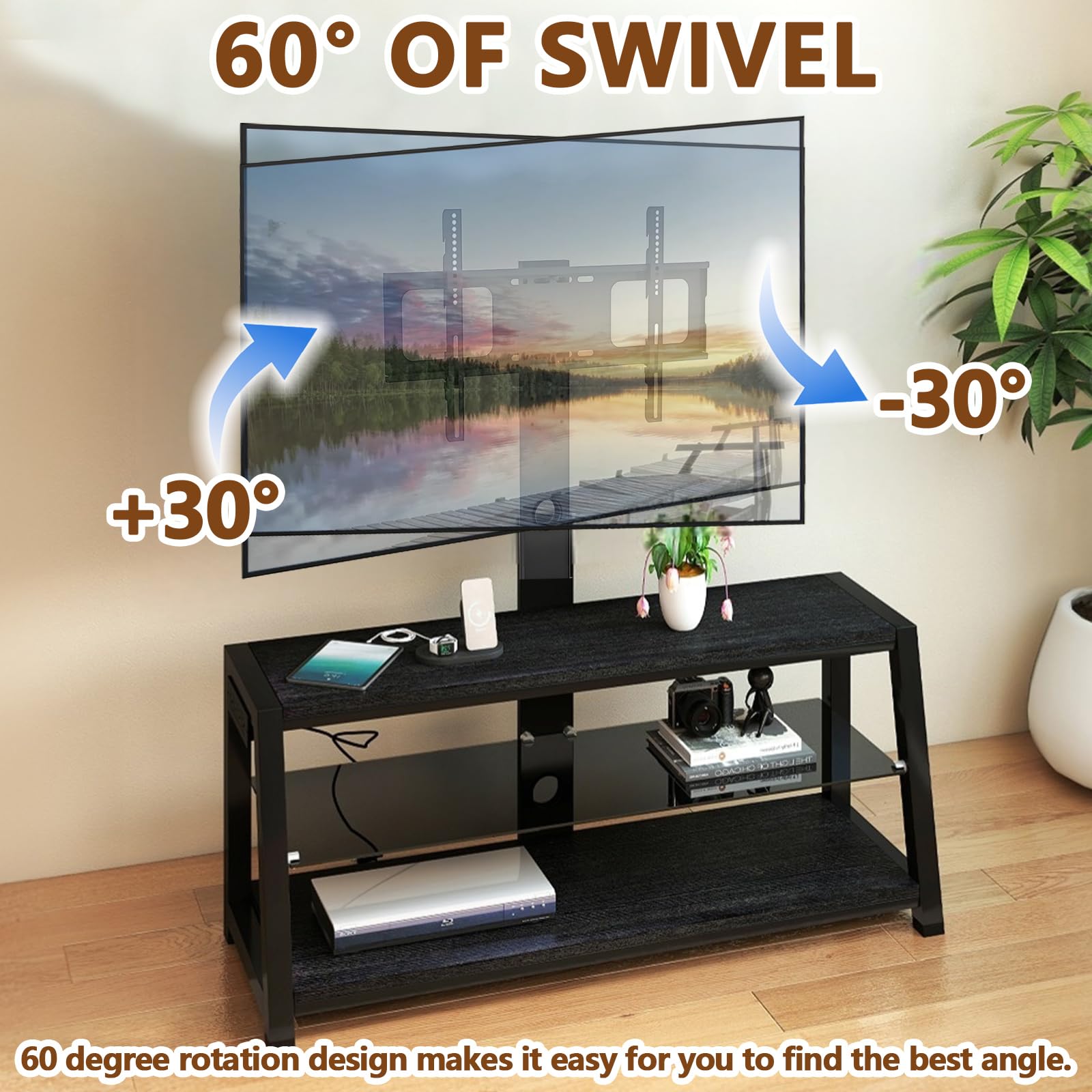 TV Stand with Mount for 32-65 inch TVs, Wood TV Stand with Storage for Bedroom Living Room, Small Entertainment Center with Power Outlet, 3 Shelves, Adjustable Height (Black)