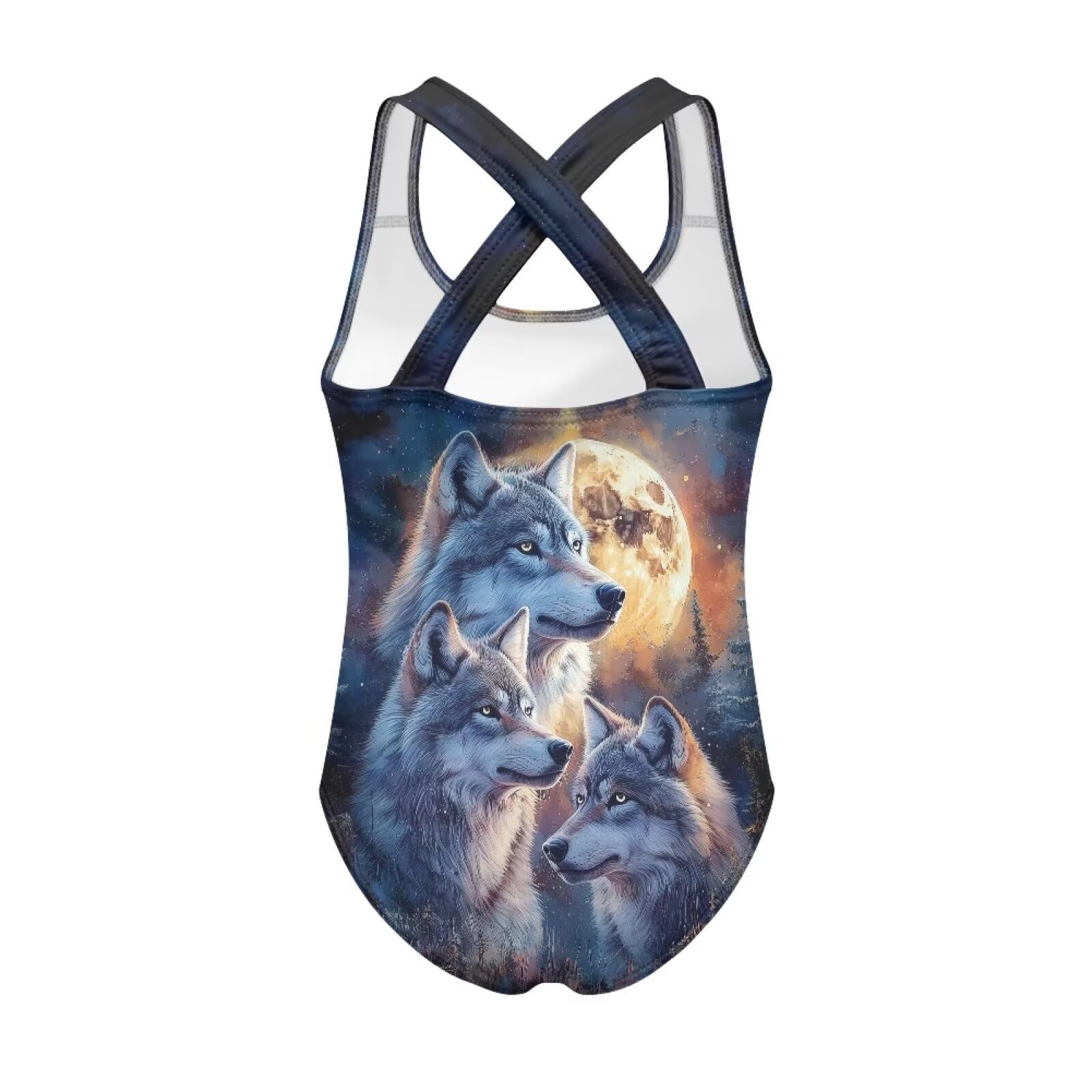Guosanchn Wolf Swimsuit for Girls Size 9 10 Moon Sleeveless Crew Neck Swimwear Comfortable Breathable Bathing Suit Summer Spaghetti Strap Sunsuit Criss Cross Beachwear