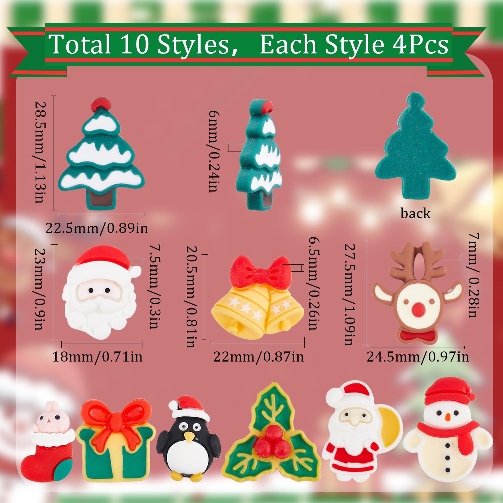 40-teiliges Set Weihnachts-Cabochons – 10 Verschiedene Motive (Schneemann, Elch, Weihnachtsbaum…) – Für DIY, Schmuck & Deko