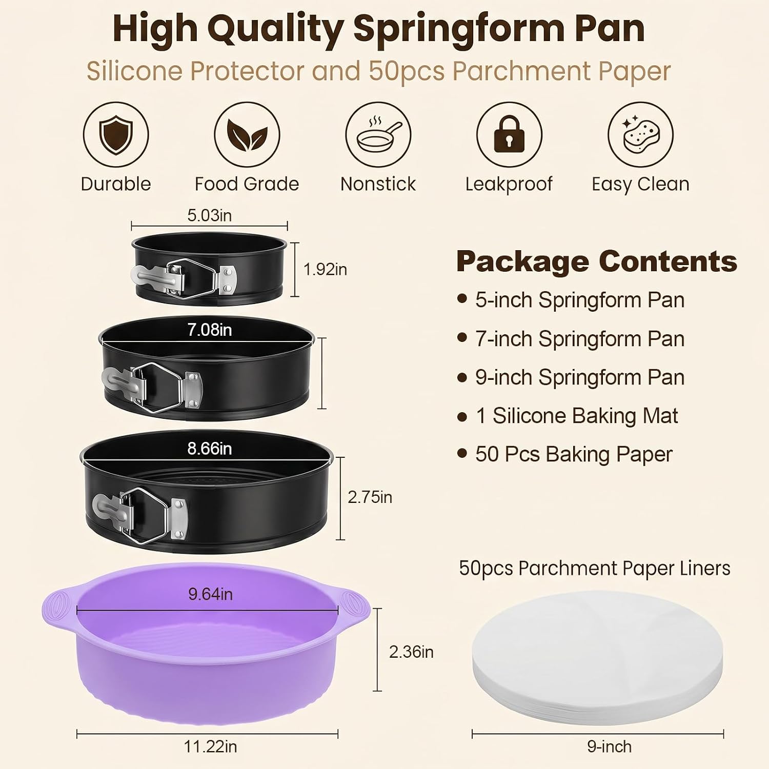 3 Pcs Springform Pan Set, 5 7 9 Inch Nonstick Spring Form Pan, Leakproof Cheesecake Pan with Silicone Protector & 50Pcs Parchment Paper, Removable Bottom Cake Baking Pans for Home Restaurant Bakery
