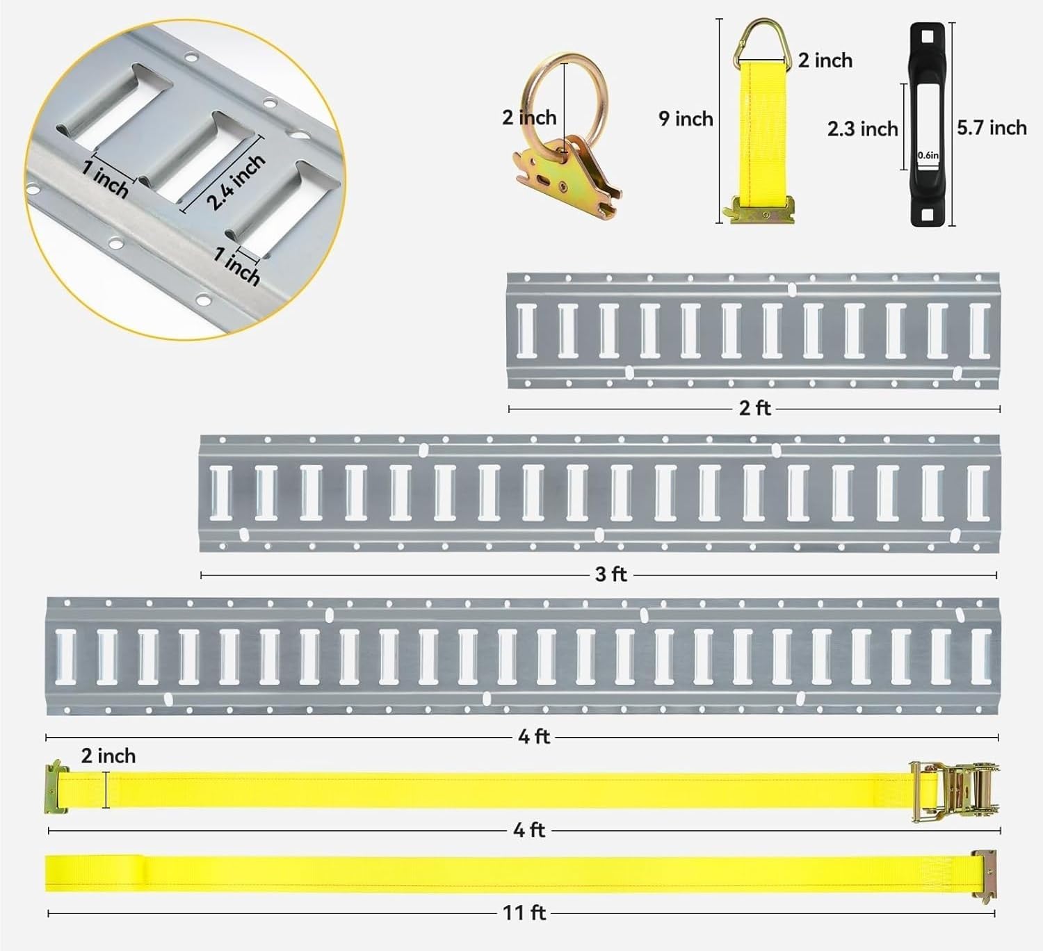 Durable E-Track Fixed Guide Rail Kit, 2-Ratchet Trailer Strap, Suitable for Box Vans(Silver)