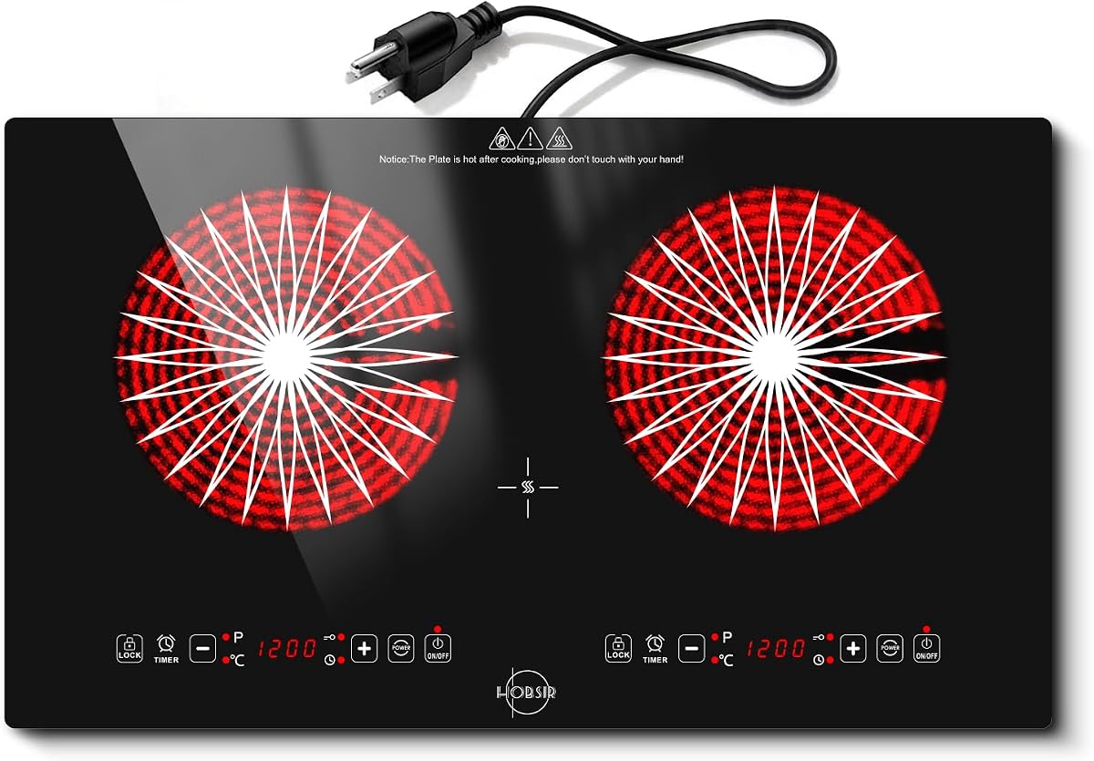 Hobsir 2 Burner Electric Cooktop 110V with Plug, 2000W Independent Power | 24 Inch Countertop & Built-in Electric Stove, LED Touch Control, Menu Function, Safety Lock