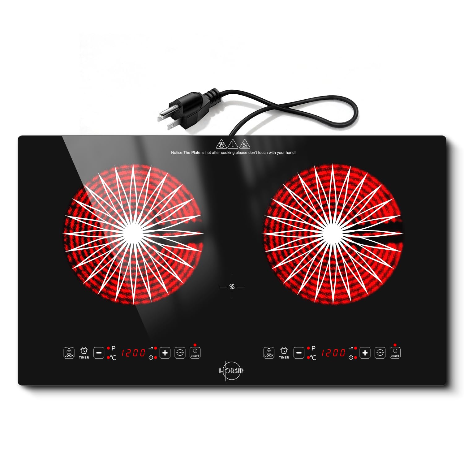 Hobsir 2 Burner Electric Cooktop 110V with Plug, 2000W Independent Power