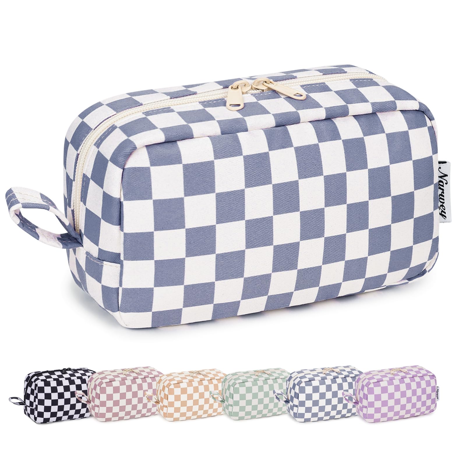 Narwey Checkered Makeup Bag Travel Cosmetic Bag Organizer Small Toiletry Bag Make Up Bags with Organzied Pockets for Women (Grayish Blue Checkerboard,