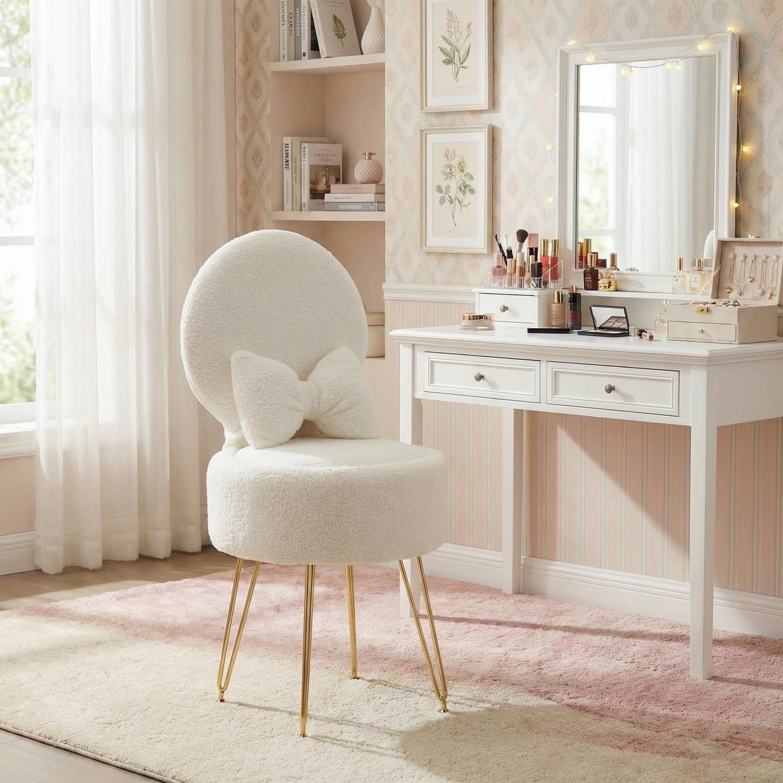 Silla de maquillaje con 9 l de espacio de almacenamiento y respaldo plegable, taburete de maquillaje de felpa Sherpa con cojín, para tocador y dormitorio, color blanco