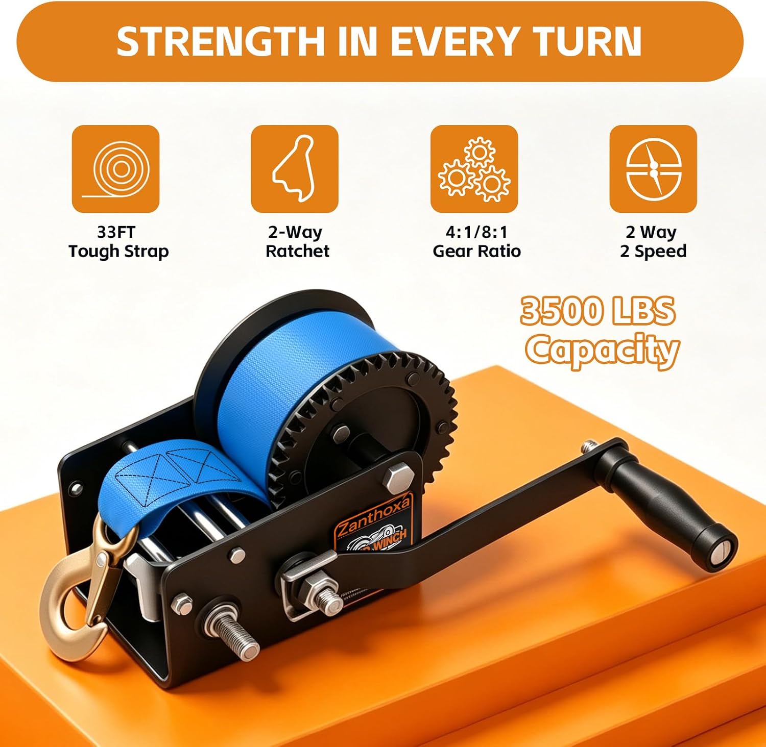 3500lbs Boat Trailer Winch, Heavy Duty Boat Winch with 33FT Strap | 2-Way Ratchet 4:1/8:1 Gear Trailer Winch, Portable Hand Crank Winch for Boat, Truck, Trailer, RV, ATV, Marine and Jet Ski