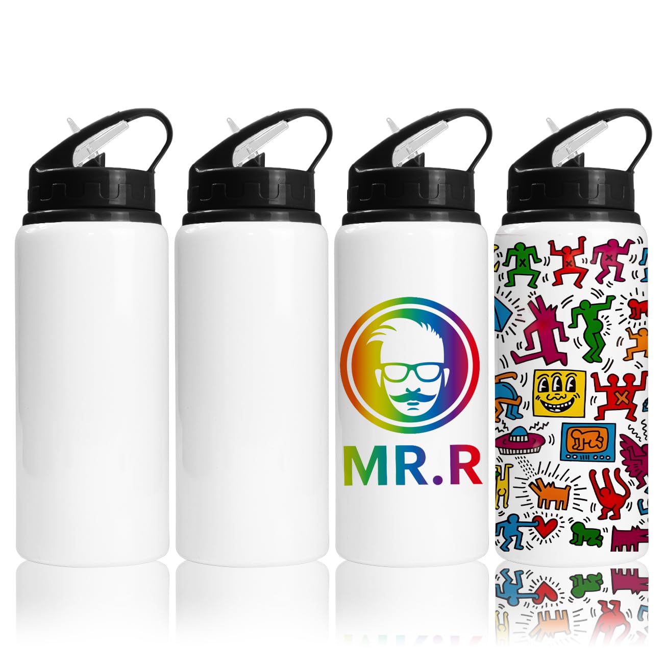MR.R 4 Pack Sublimation Blanks White Sport Aluminum Bottle 600ml for Heat Transfer Printing (Black)
