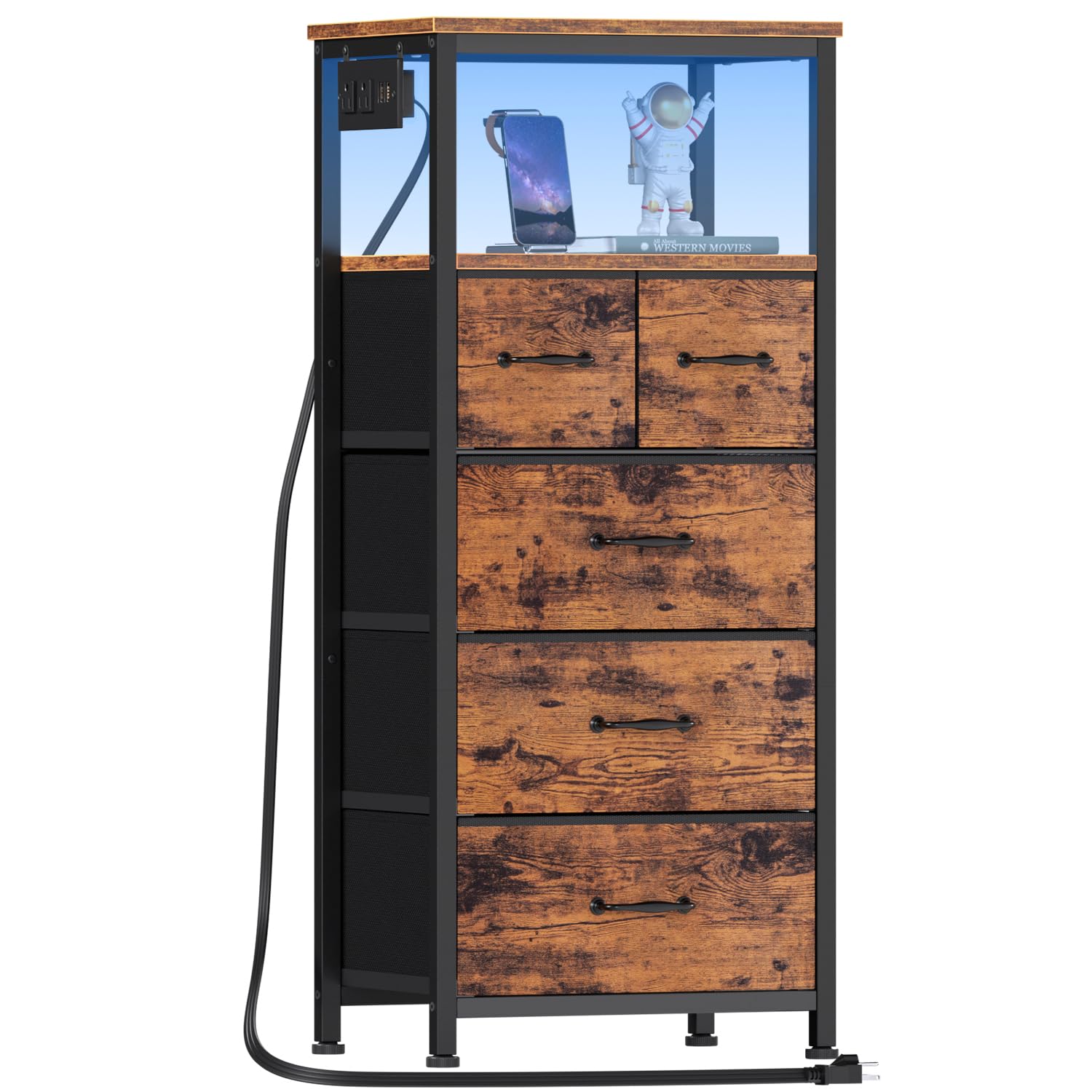 FurnulemTall LED Dresser with Charging Station, Vertical 5 Drawer Storage Tower Unit with USB Ports and Outlet, Fabric Nightstand for Bedroom, Living Room, Hallway, Bedside Table Furniture, Wood Top