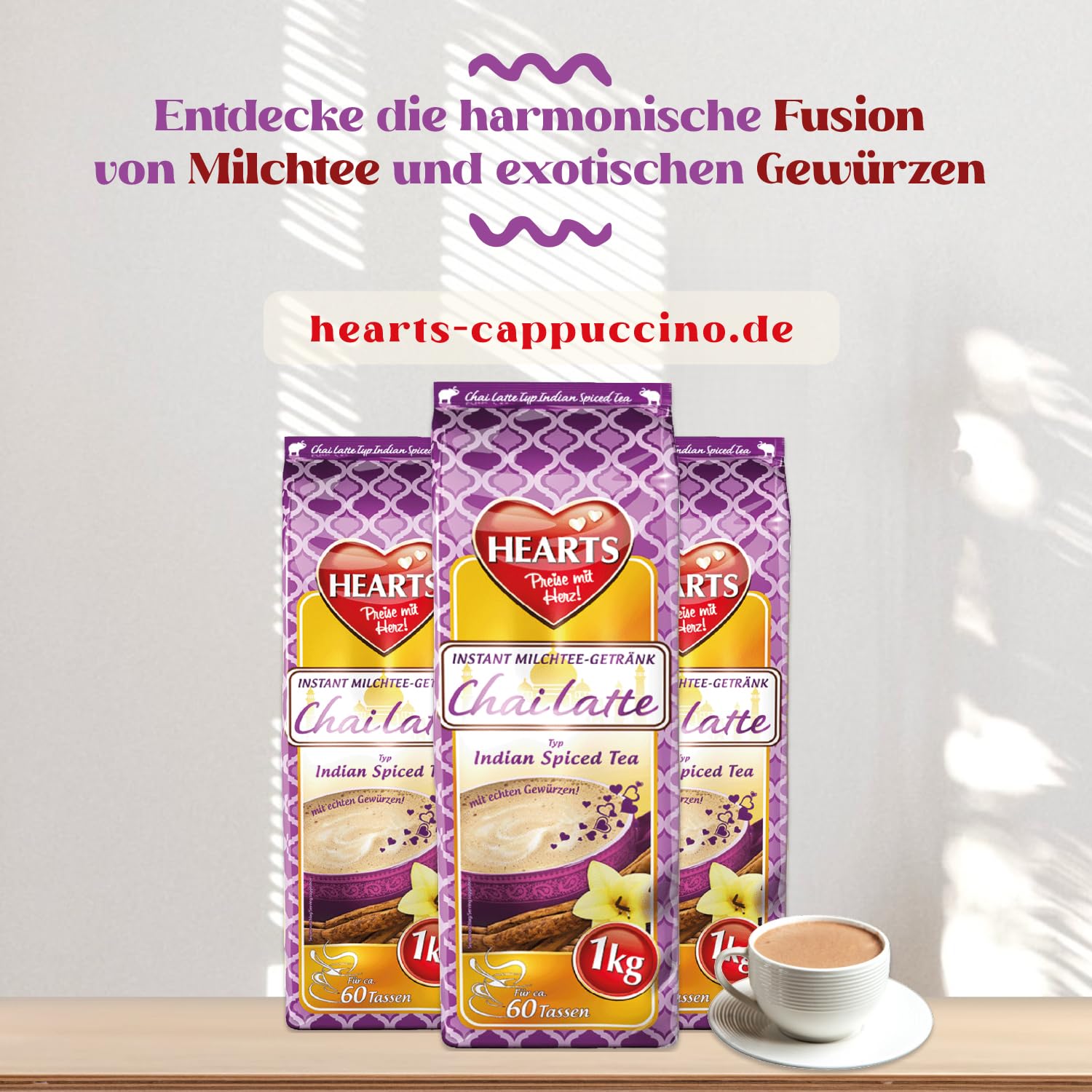 HEARTS Chai Latte 10 x 1kg - Vorteilspack - Instant Milchtee Pulver - Spiced Tea Getränkepulver für Gastro/Zuhause, einfache Zubereitung - reicht für 600 Tassen