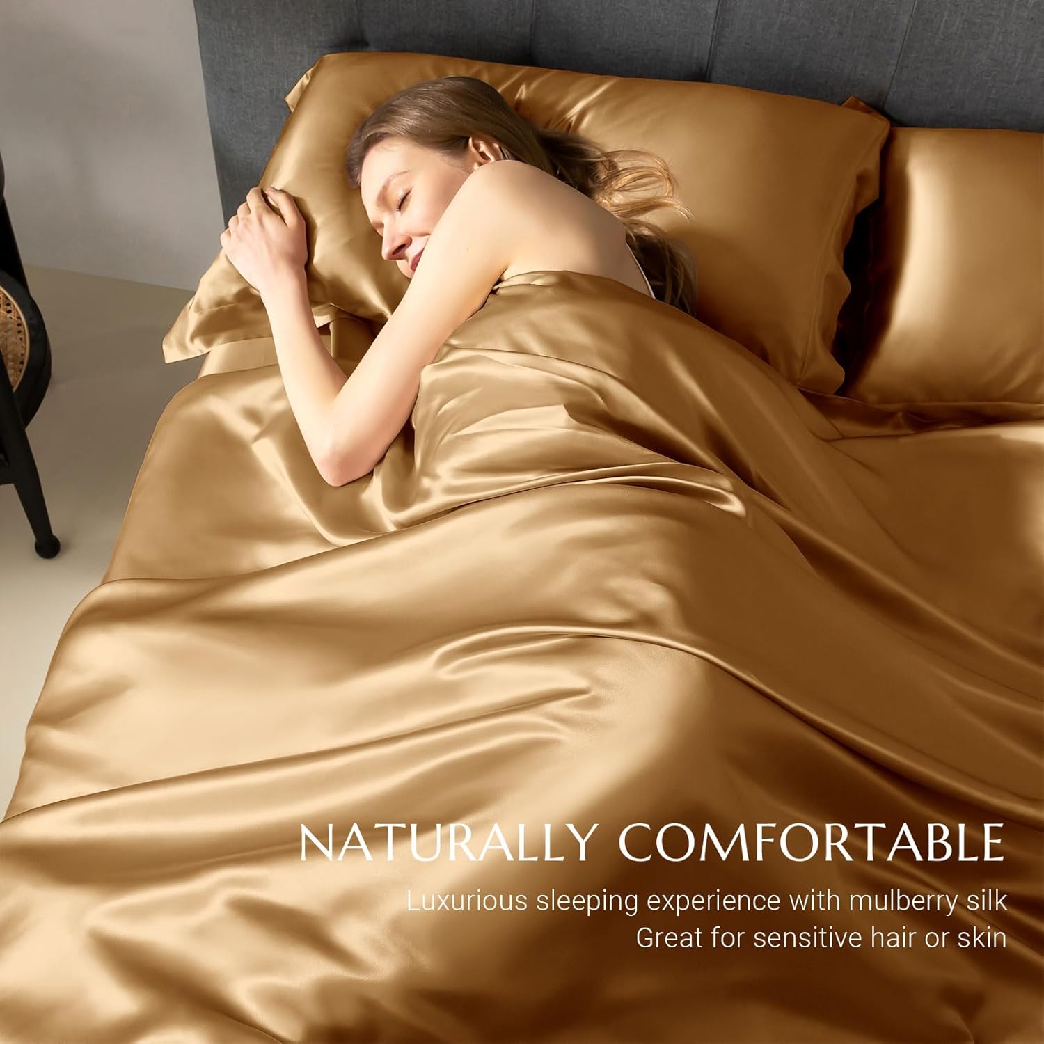 THXSILK Silk Duvet Cover, 100% 7A+ Mulberry Silk Comforter Cover, Seamless, Breathable, Easy Care Zipper Closure, 1 Duvet Cover Only - Queen, Metallic Gold Queen Metallic Gold