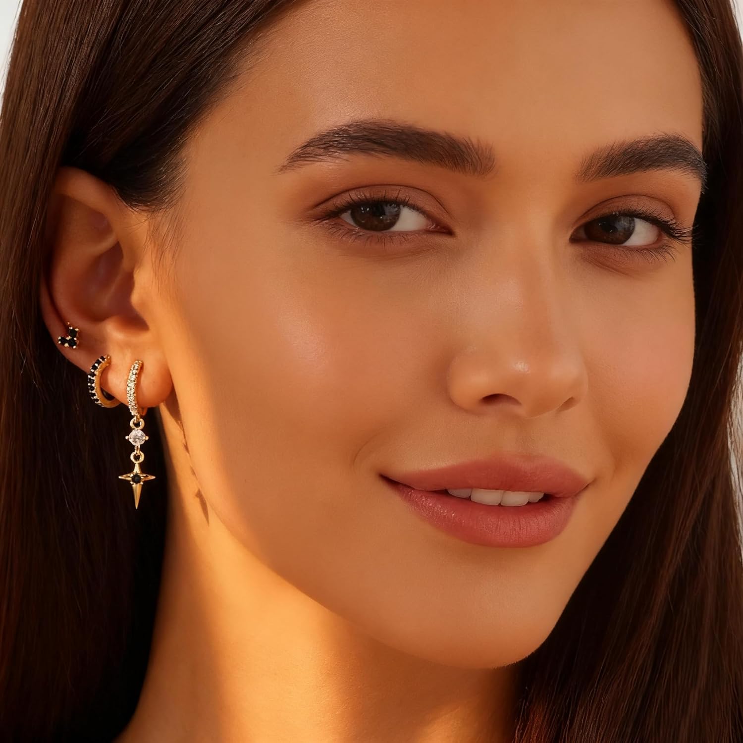 Gold Earrings for Women, 16K Gold Plated Cubic Zirconia Crystal Cartilage Stud Hoop Earrings Set, Dainty Huggie Earrings Stacks, Hypoallergenic Jewelry Gifts - Image 4