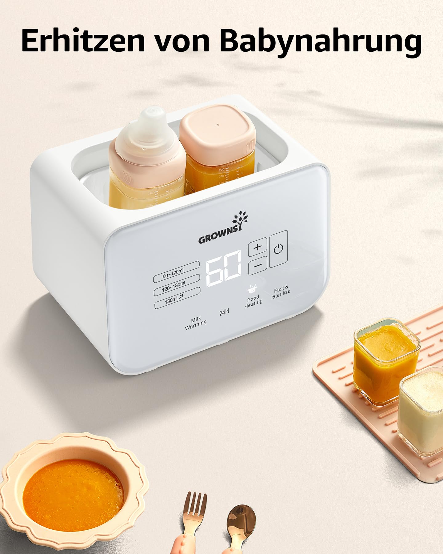 Grownsy Flaschenwärmer baby, 9-in-1 Sterilisator für Babyflaschen Fast Babynahrungsheizung & Abtauung BPA-frei, Timer, Präzise Temperaturregelung, Babykostwärmer mit LCD, Doppel-Flaschenwärmer