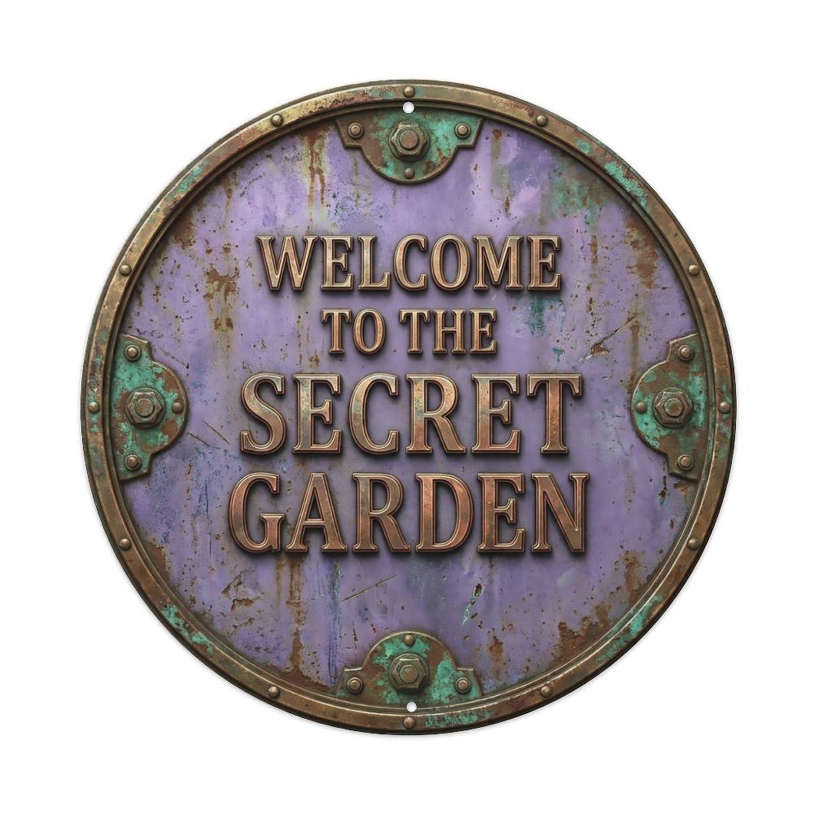 Vintage Welcome Secret Garden Brass Lavender Riveted Metal Tin Sign