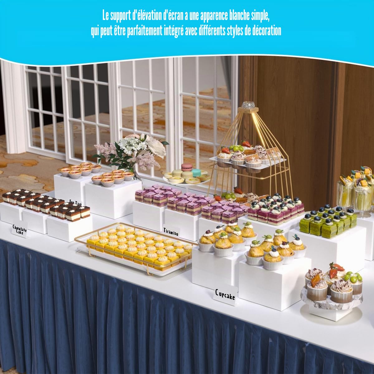 Lot de 6 rehausseurs de buffet, 3 x 4 x 5 x 6 x 7 x 8 pouces, blanc, acrylique, avec 6 mini panneaux de buffet, présentoir de table à dessert avec fonds creux, supports empilables