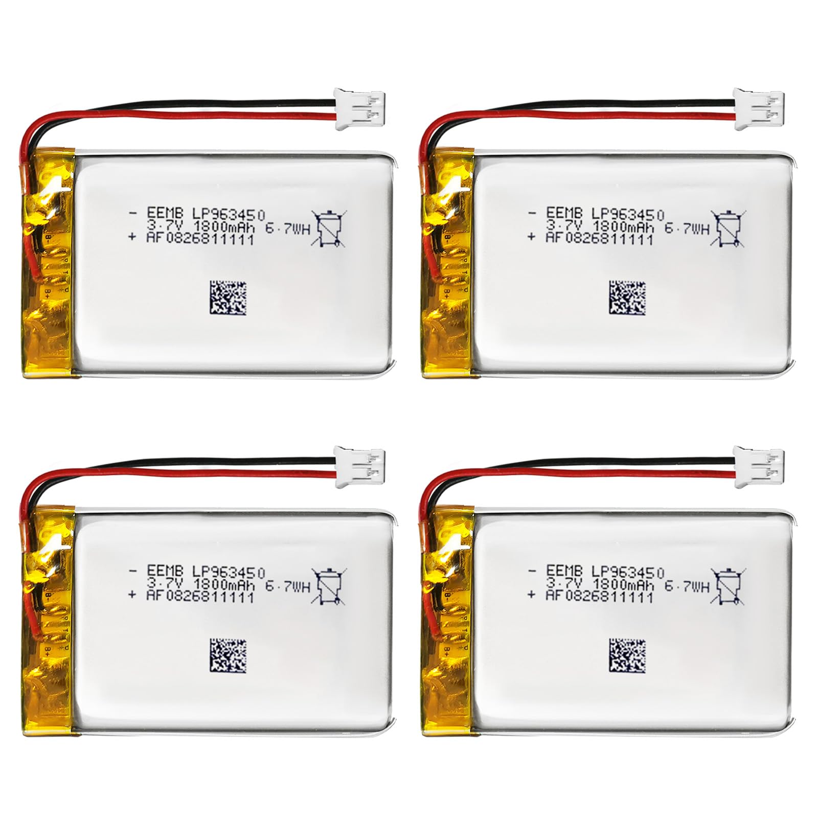 EEMB 4PACK Lithium Polymer Battery 3.7V 1800mAh 963450 Lipo Rechargeable Battery Pack with Wire JST Connector for Speaker and Wireless Device- Confirm Device & Connector Polarity Before Purchase