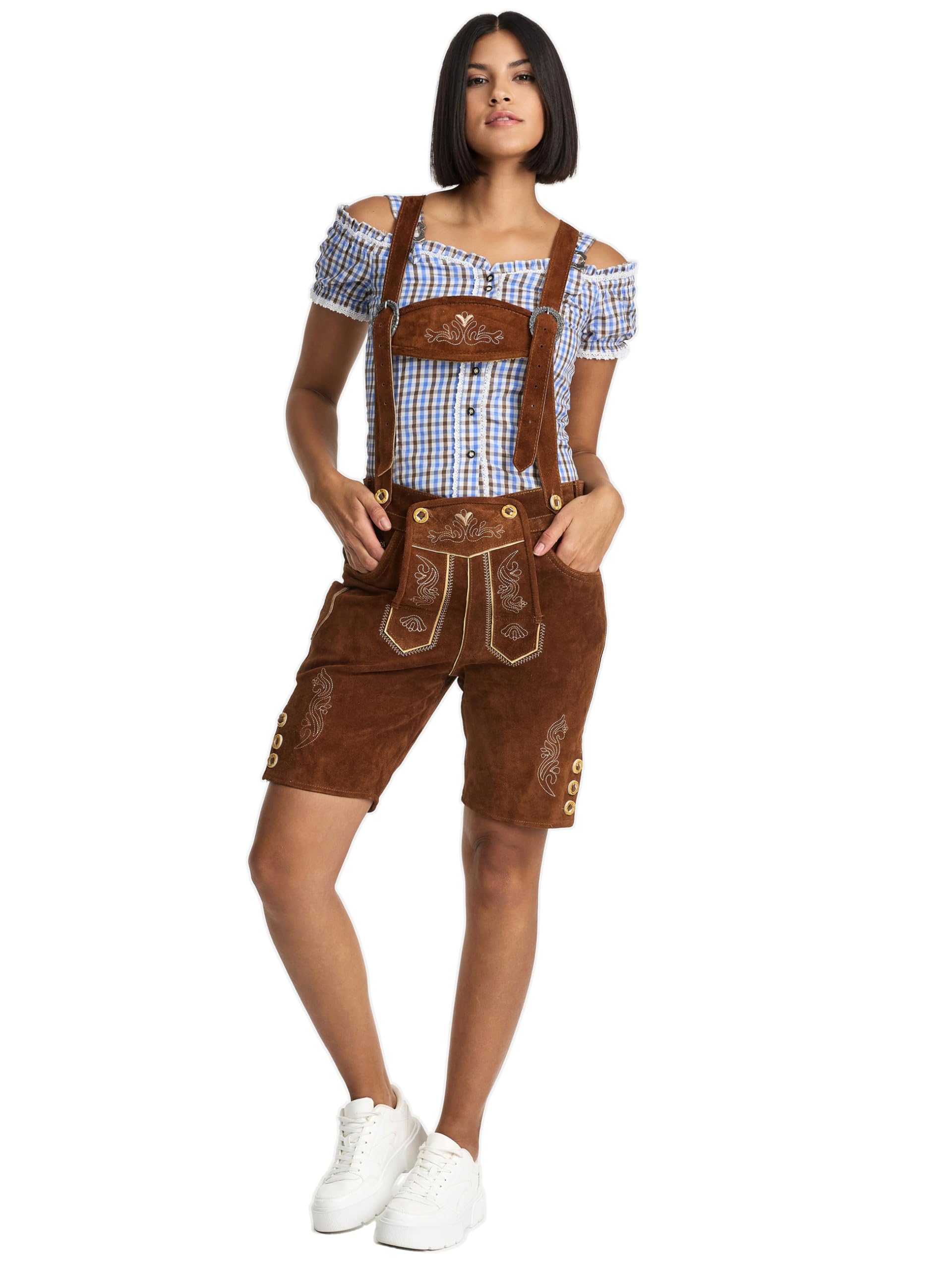 Steigenhöfer Lederhose Damen Tracht Shorts - 100% Rindsleder - Annika - Traditionelle Kurze Hose für Frauen - Inklusive verstellbaren Trägern - Gürtelschlaufe - Dirndl Alternative