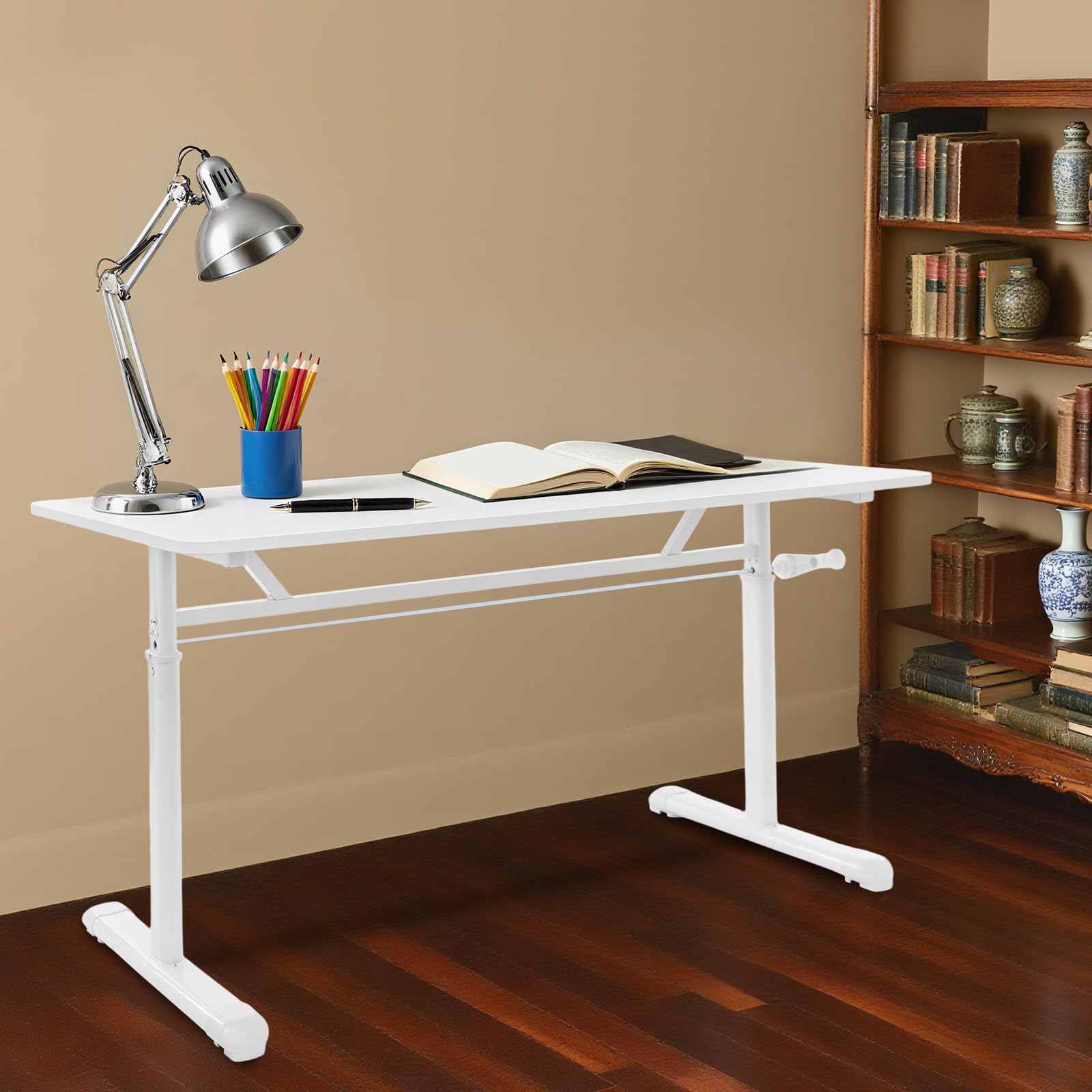 Scrivania manuale regolabile in altezza con manovella, 120 x 60 cm, scrivania robusta regolabile in altezza fino a 100 kg, per ufficio, gioco, bambini (bianco)