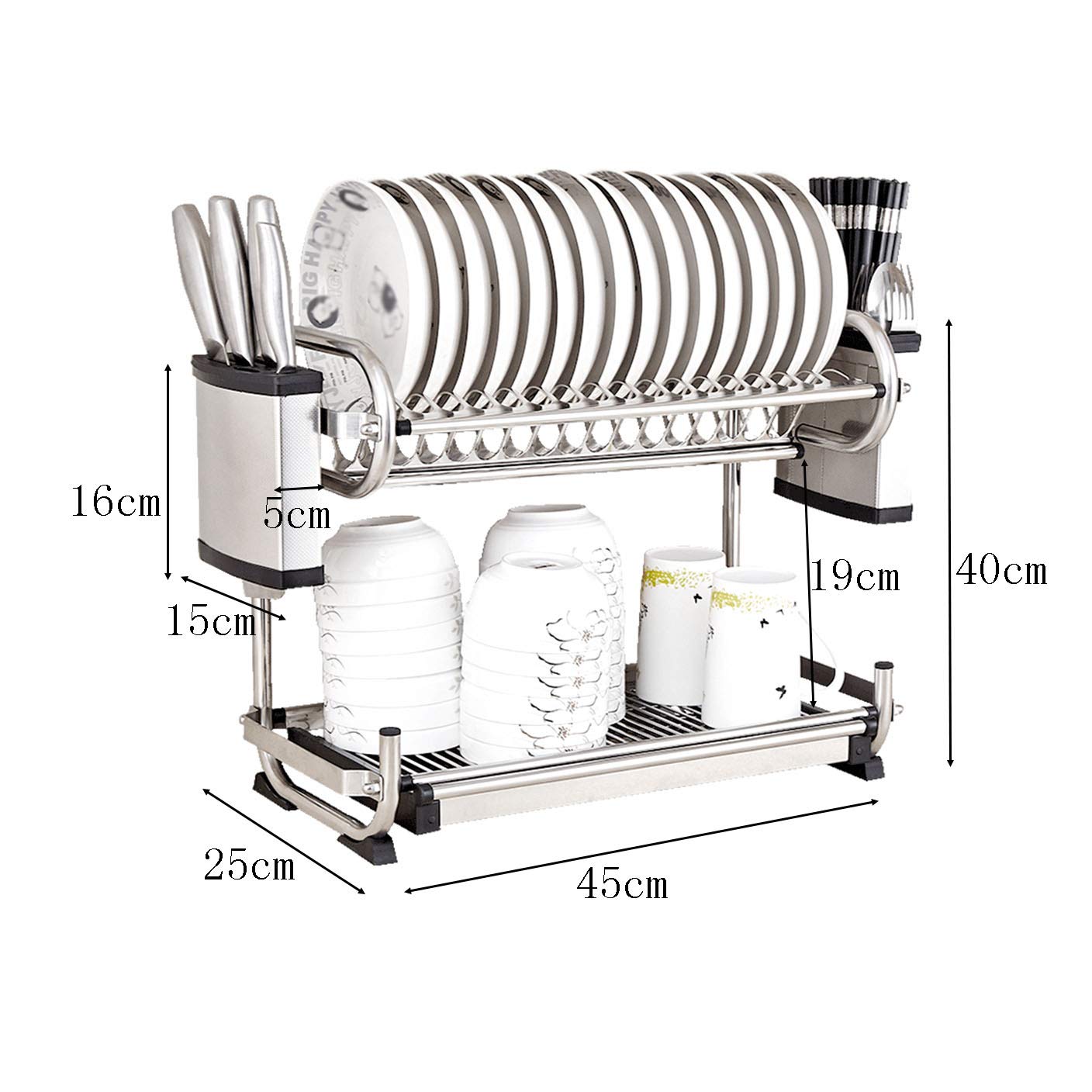 Escurridor de platos grande de 2 niveles para encimera de cocina, estante organizador de acero inoxidable con soporte para utensilios