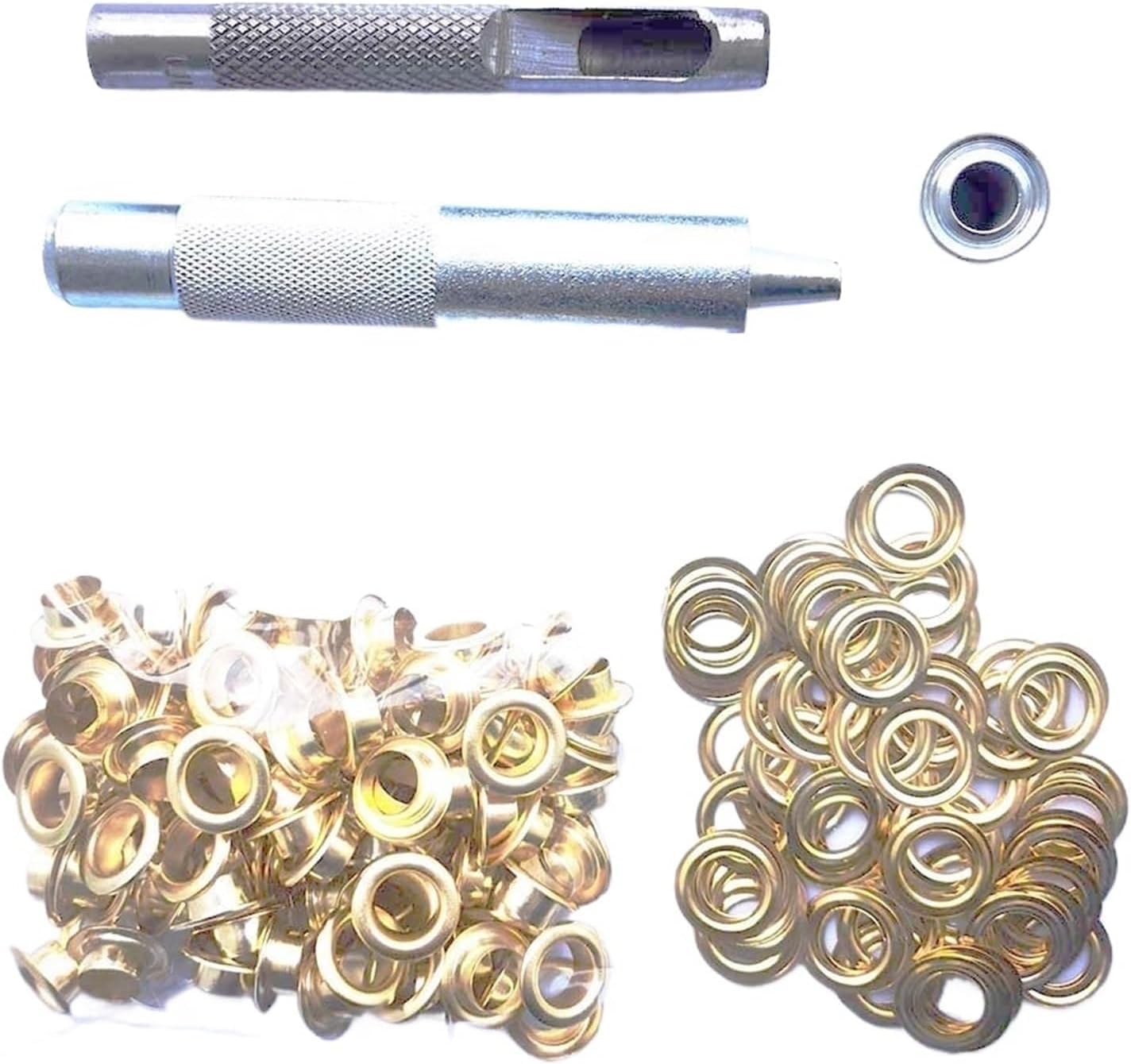Metal Eyelets Grommets,100sets Golden Color Eyelet Grommet Punch Installer Tool Set for Belt Clothes Shoes Tent 4mm-20mm for PU Leather/Belt/Shoes/Crafts(8mm 100 Gold Tools)