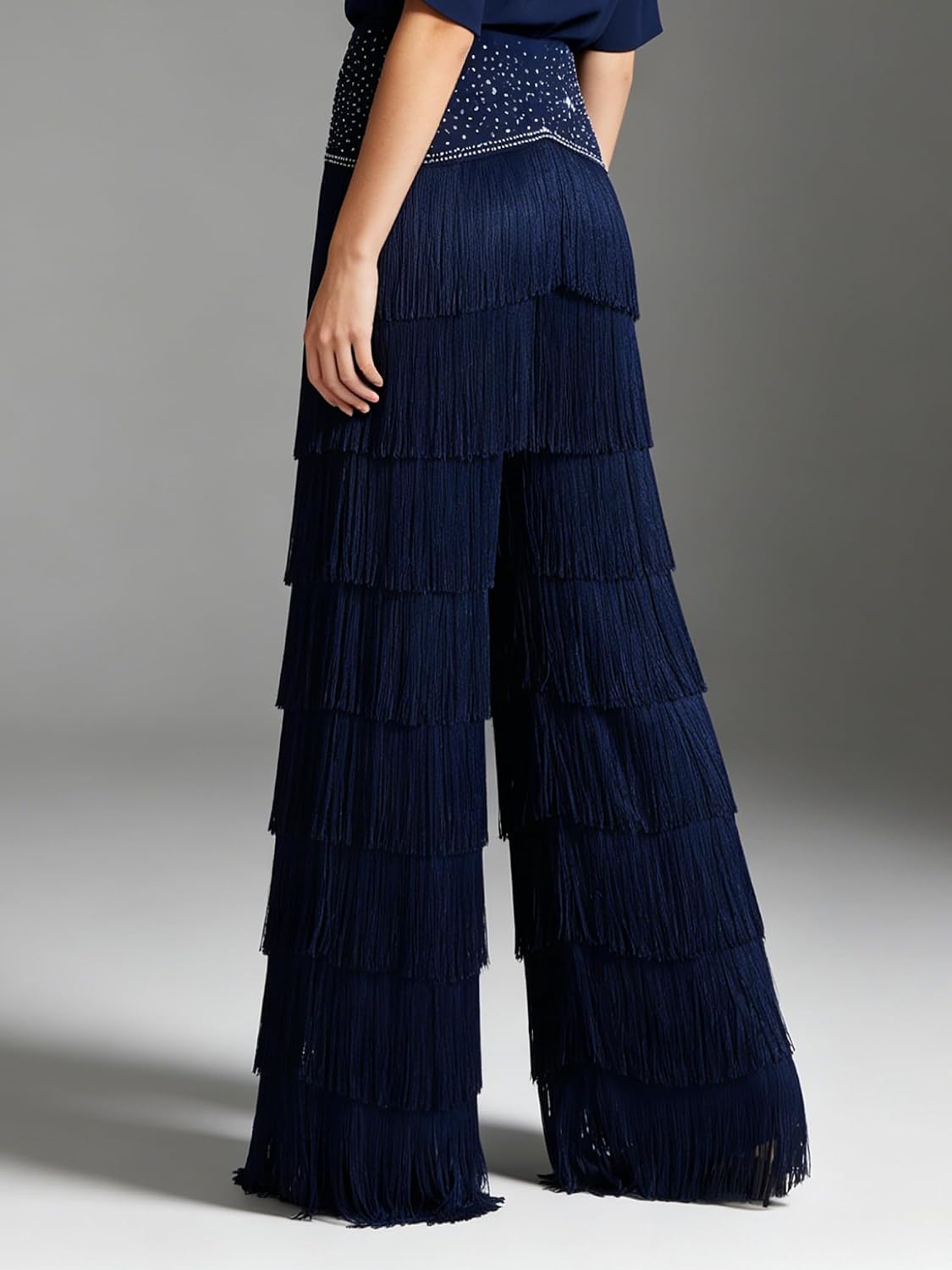 Loyan Women Layered Tassel Latin Salsa Practice Performance Trousers Elastic Waist Dance Pants for Competition Shows