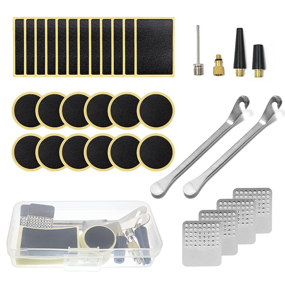 Geluode Bike Puncture Repair Kit,34 PCS Cycle Tools Kit,24 PCS Self Adhesive Bicycle Tire Patches With 4 PCS Metal Rasps & 2 PCS Bike Tyre Levers and Nozzles Tools for Road Mountain Bicycle Motocycle