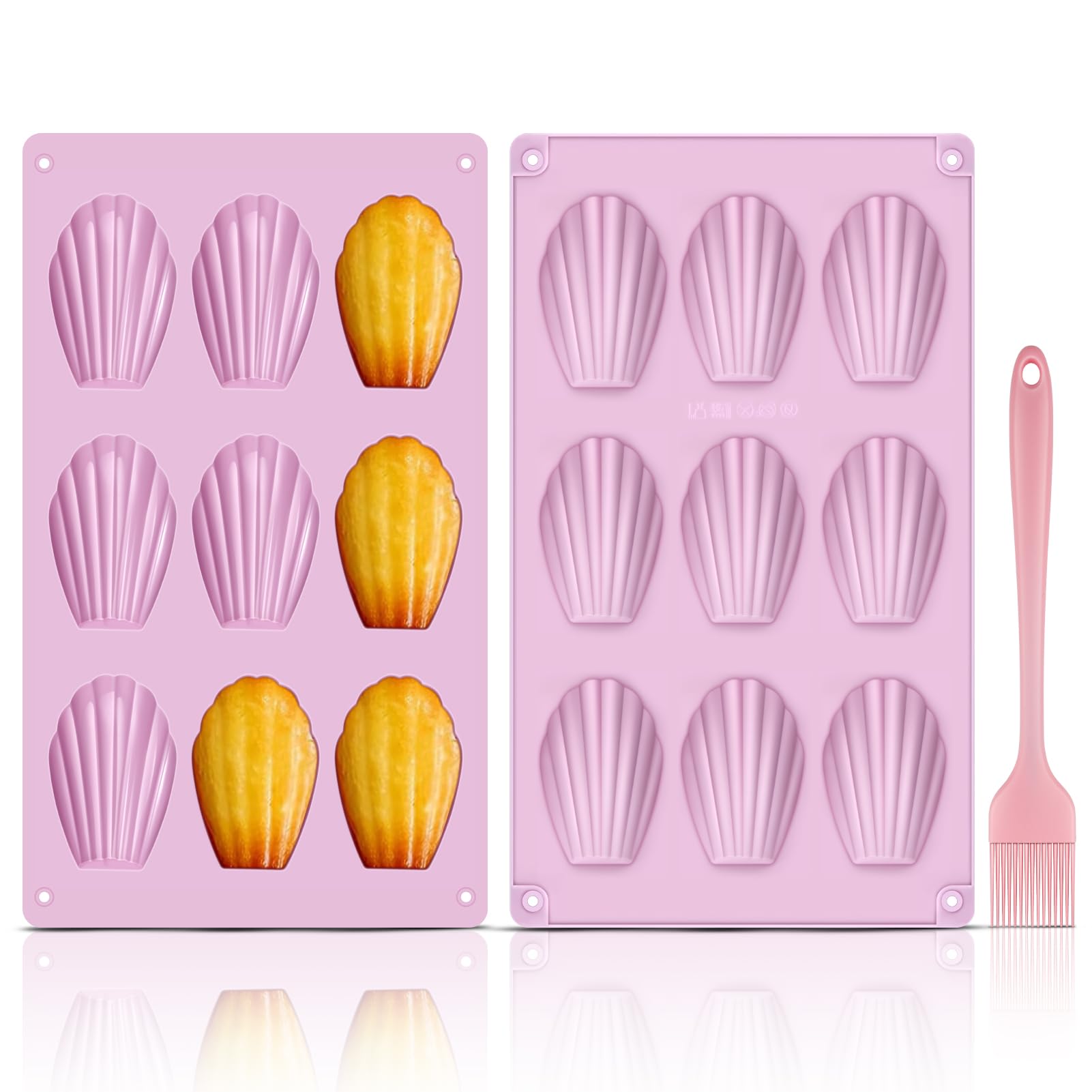 Lot De 2 Moules à Madeleines Silicone 9 Cavités + Pinceau – Antiadhésif, Coquille Parfaite (Rouge Brique)