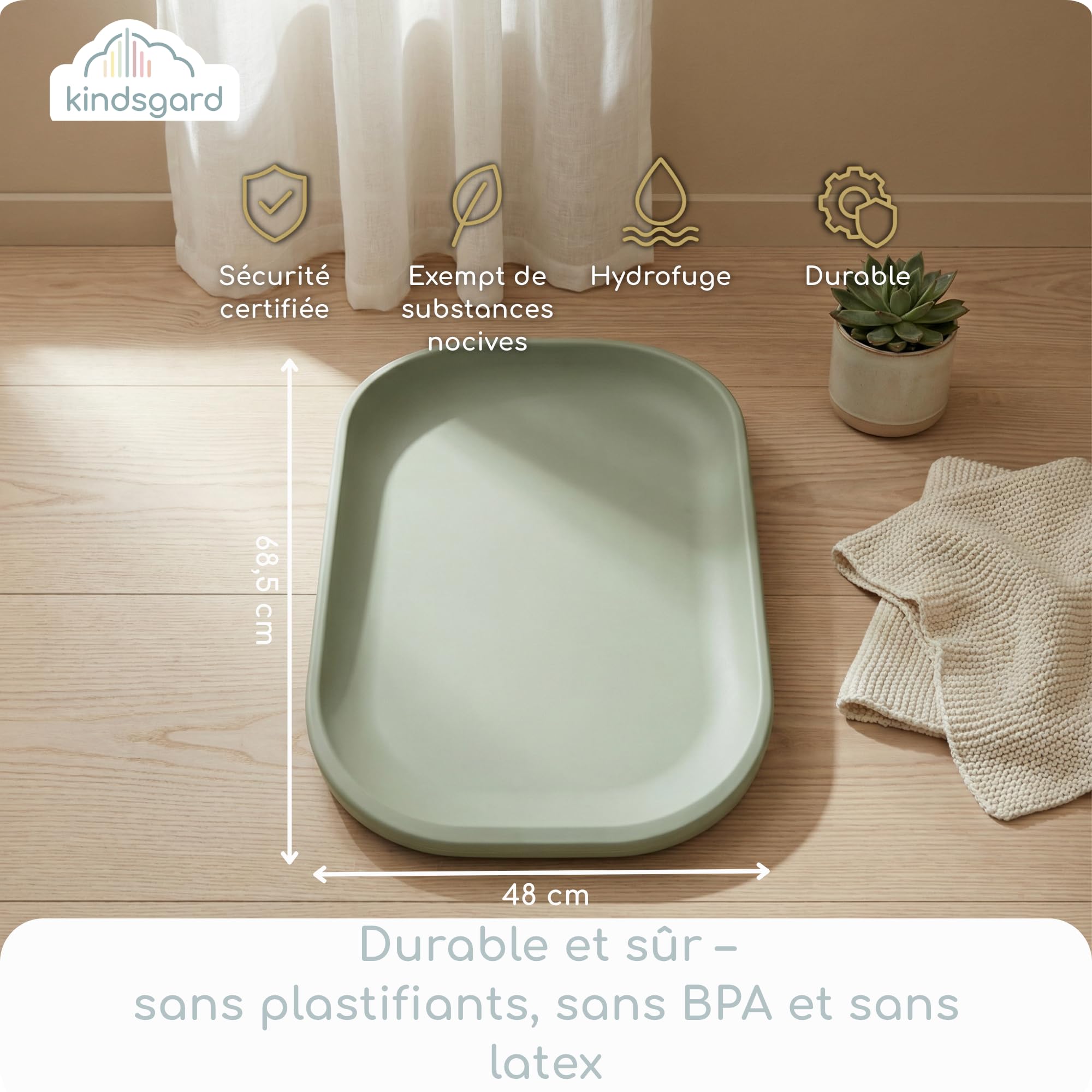 kindsgard Matelas à langer, souple, en polyuréthane, avec bord surélevé, lavable, hygiénique, sans substances nocives, 68,5 x 48 cm, pour table à langer, commode, machine à laver ou sol (sauge)