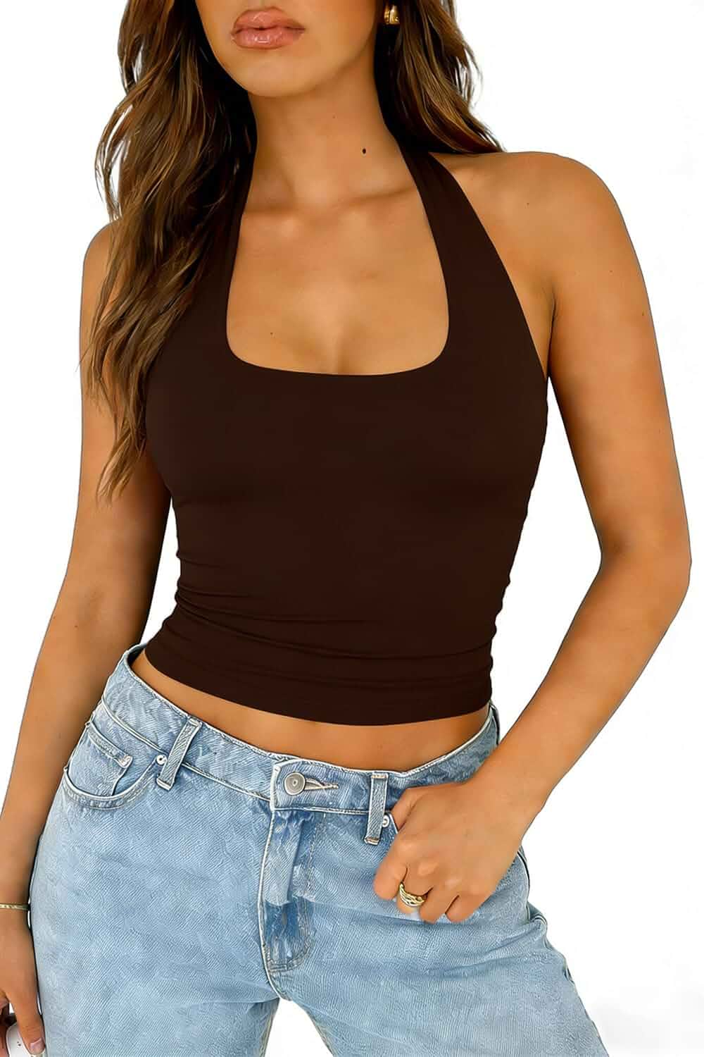 ForeFair Halter Tank Tops for Women Going Out Top Double Lined Crop Backless