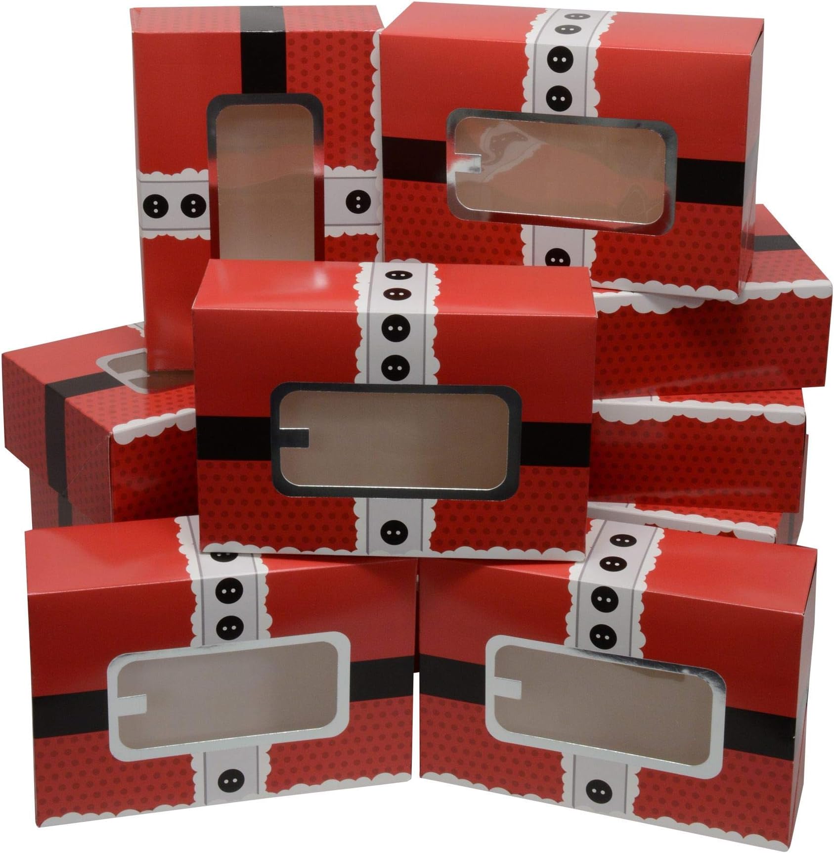 Christmas Cookie Gift Boxes; rectangle with clear window; Santa Buckle design with premium metallic silver hot-stamp; set of 12 boxes; holds approximately 2 pounds of cookies or pastries