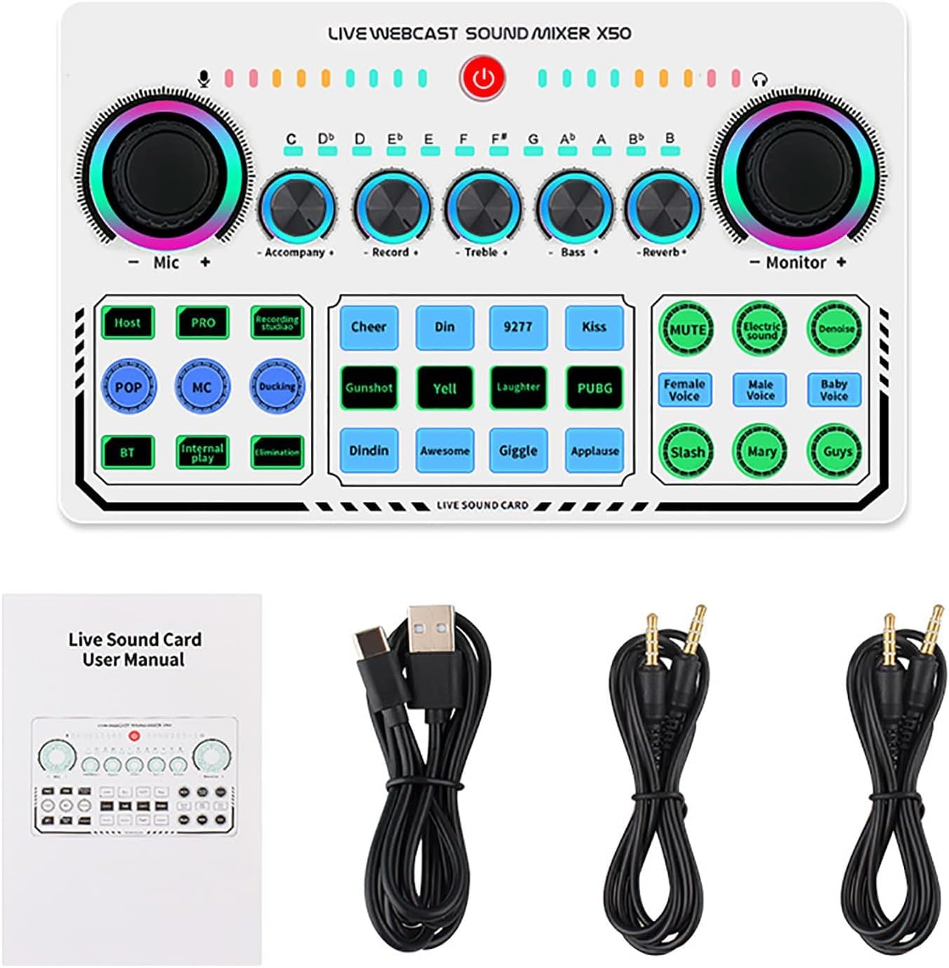 X50 Live Sound Card, Portable Mixer, Professional Live Sound Card, Knob Design, Support for 12 Kinds of Warming Sound and a Key Mute, with Double Call Simple Port Design, for Live Streaming, PC