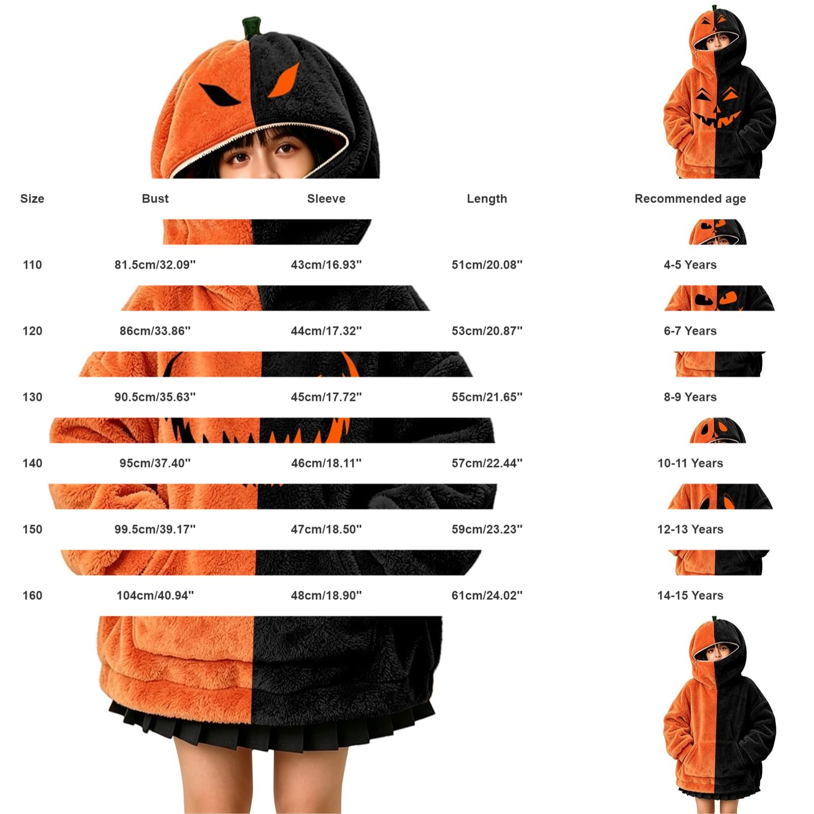 Sudadera con capucha para niñas, color calabaza, mullida | Sudadera con capucha de dos tonos para fiesta de Halloween, suave, esponjosa, cálida, acogedora, para otoño, invierno