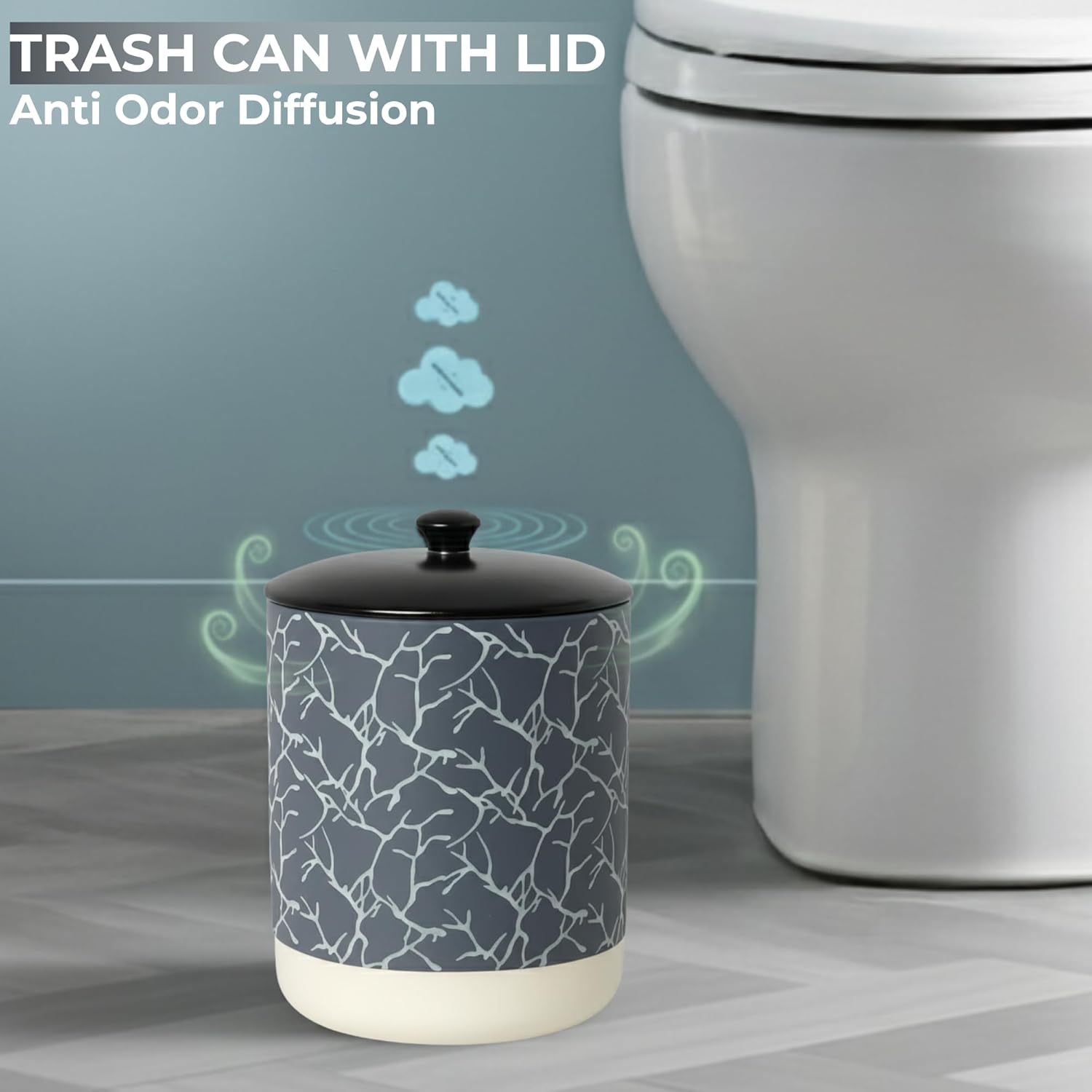 Escenzy Textured Luxury Stone Bathroom Trash Can with Lid 5L | 7" x 10" | High End Ceramic Trash Can | Decorative Waste Basket for Bathroom, Bedroom, Kitchen, Hotels or Living Room Decor | Ideal Gift