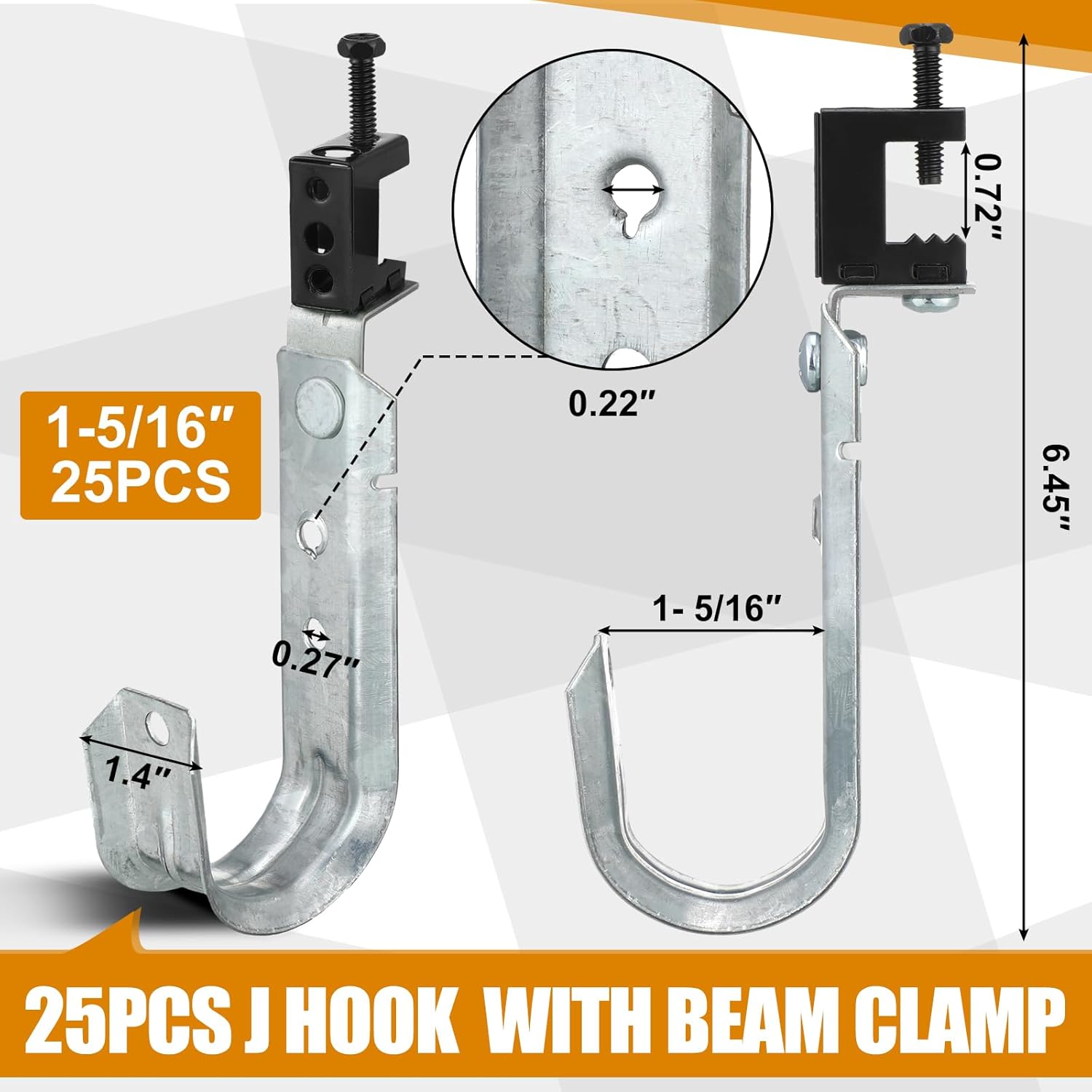 Blulu 25 Pcs Cable Support J Hook with Beam Clam Swivel Heavy Duty Metal Hangers for J Hook Hanging Cable Management Organizing Wire G60 Galvanized Steel (1-5/16 Inch)