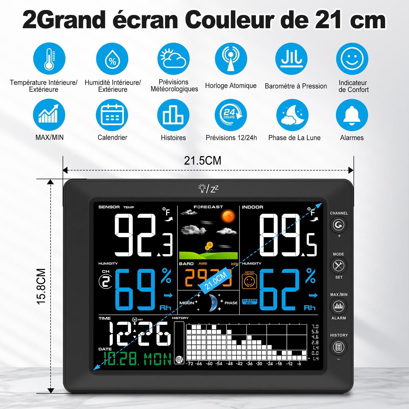 Urageuxy Station Meteo Sans Fil avec Capteur Extérieur Grand Écran Couleur, Thermomètre Intérieur Extérieur, Hygromètre, Prévisions Météo, Portée 100M, Pression Atmosphérique, Radio-Réveil DCF, Alarme