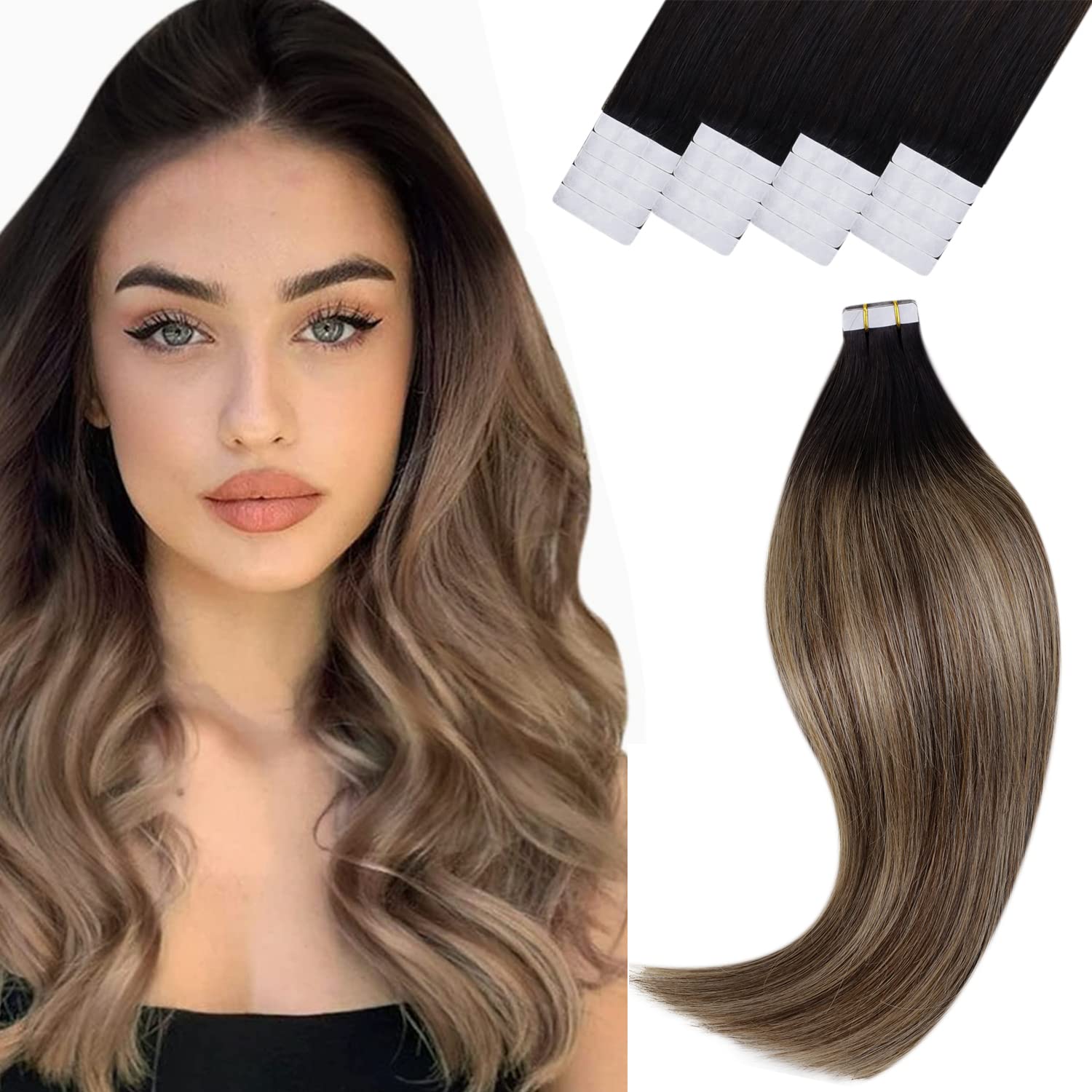 Vivien Ombre Tape in Hair Extensions Human Hair Black and