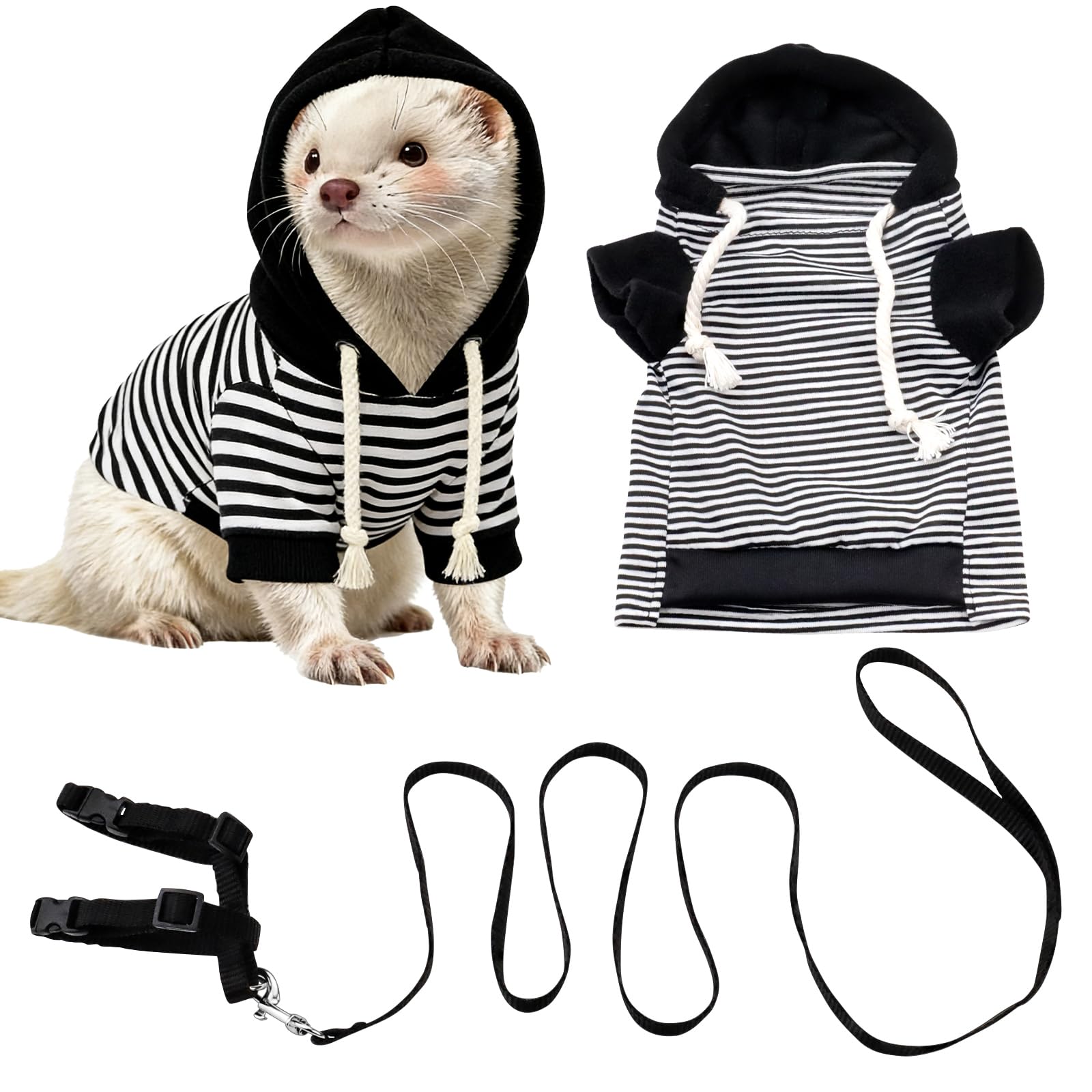 Ferret Clothes and Leash Set, Warm Hoodie Sweater with Harness and Leash for Outdoor Walking, Cozy Wear for Ferrets, Chinchillas, Small Pets, Adjustable Small Pet Outfits (Black&White Stripes) โ image 1