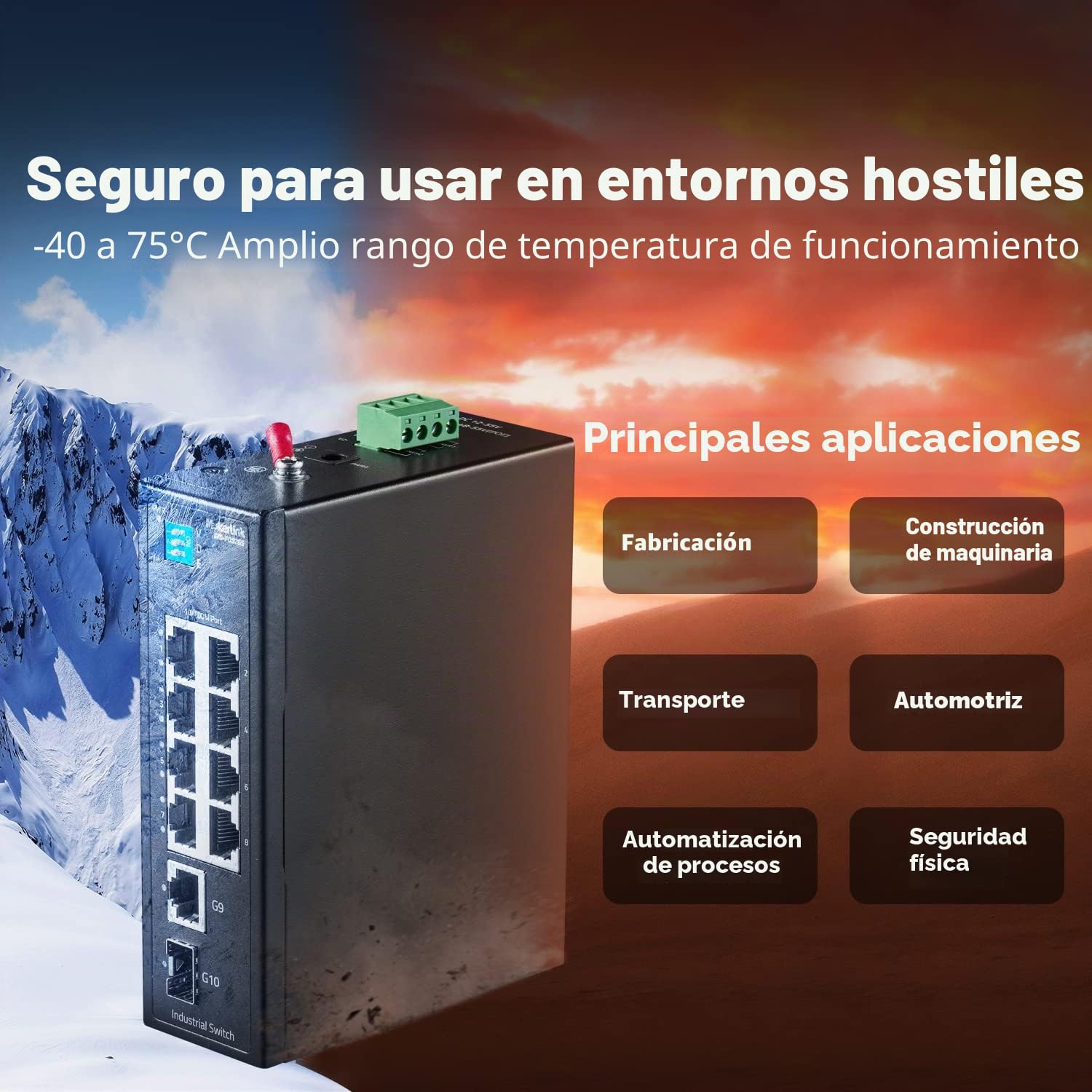 MokerLink 10 Port Industrial DIN Rail Switch, 8 Ports 100Mbps,1 Gigabit Ethernet and 1 SFP Uplink, DIN-Rail & Wall Mount