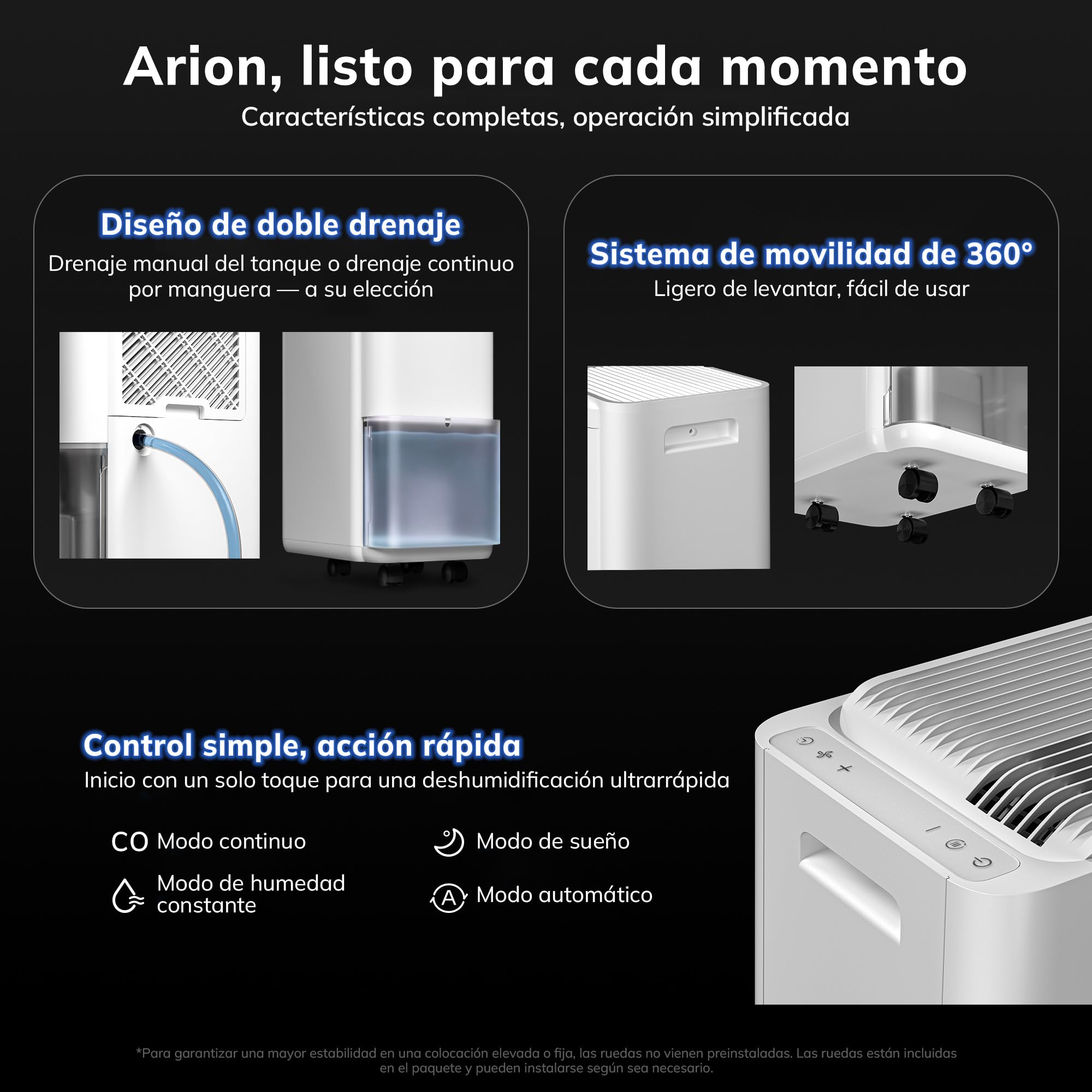 AEOCKY 25 l/día Deshumid. Compacto, Drenaje Continuo, Ruedas Extraíbles | Para dormitorio, baño y sótano; cubre 200 m³/50 m², compresor inteligente, manejo sencillo