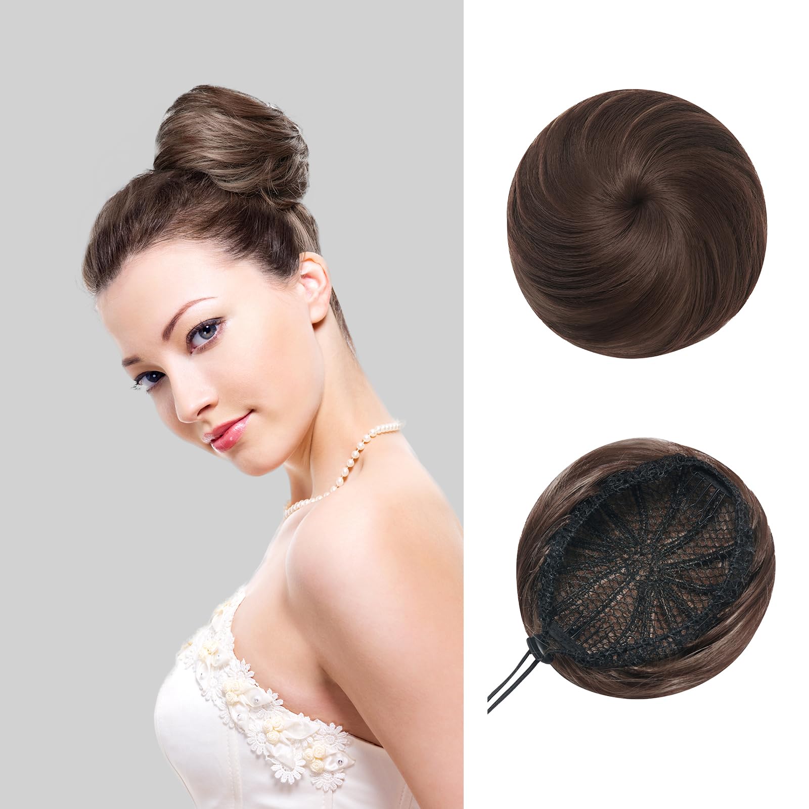 Juikoumn Hair Bun Extension for Instant Updo with Drawstring - Perfect Ballet Buns with Fake Hair Pieces and Bun Clips princess leia buns ?Ash Medium Brown/Ash Blonde?